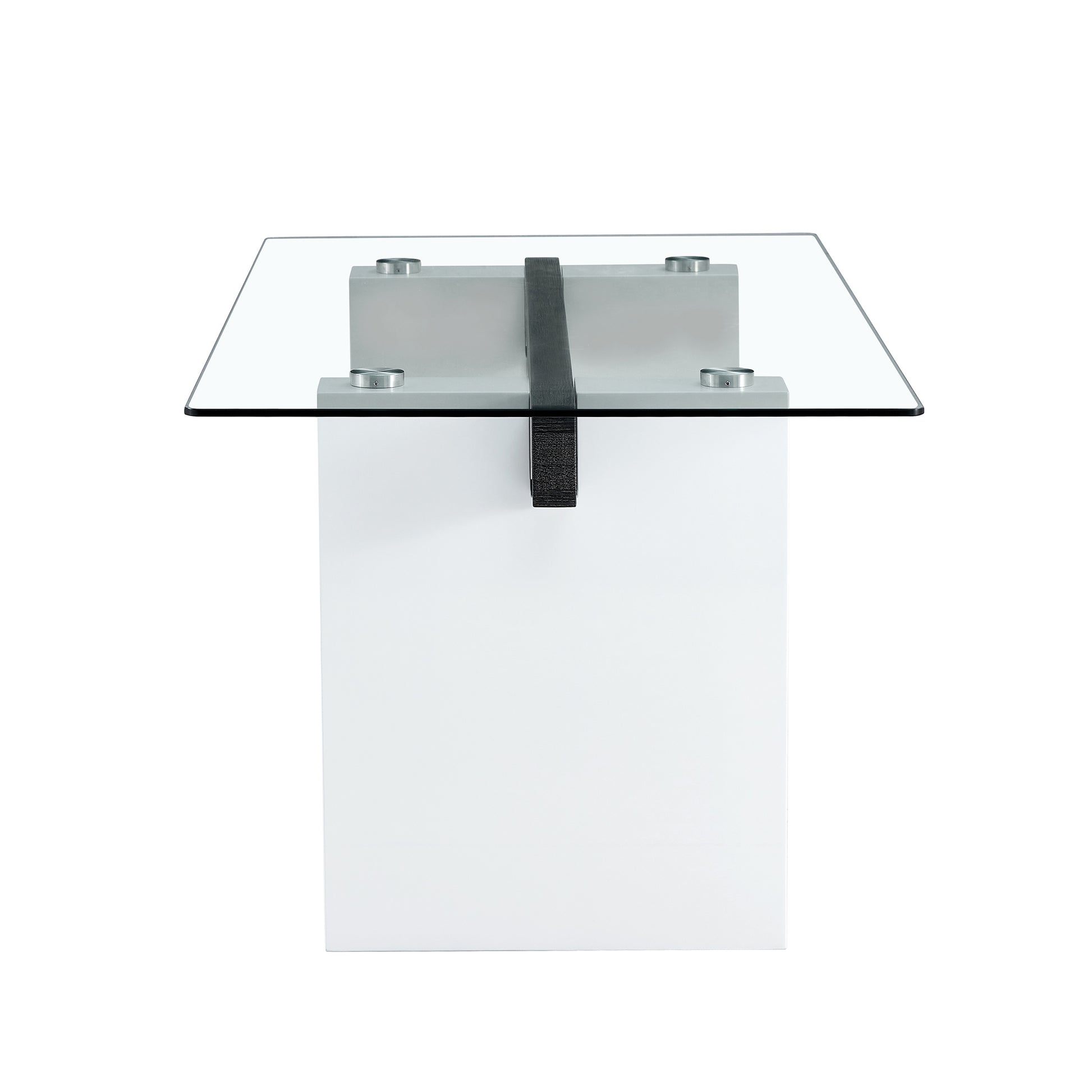 Table And Chair Set. Large Modern Rectangular Table With Glass Top And Large Mdf Legs. Comes With 8 Chairs With Faux Leather Upholstered Seats And Silver Metal Legs. White Seats 8 Mdf Glass