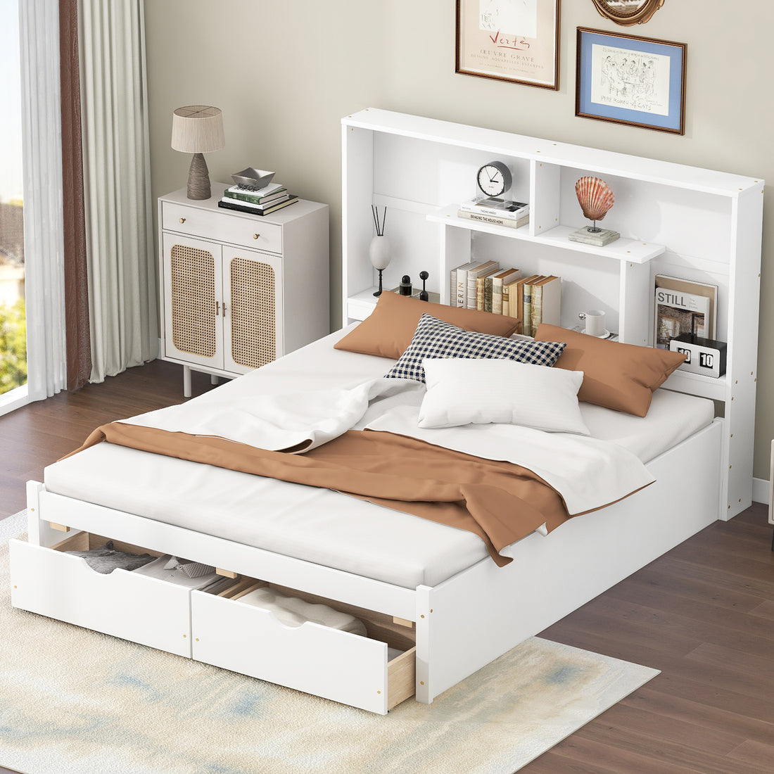 Queen Size Platform Bed With Storage Headboard And 2 Drawers, White Box Spring Not Required Queen White Wood Bedroom Bed Frame Solid Wood Mdf