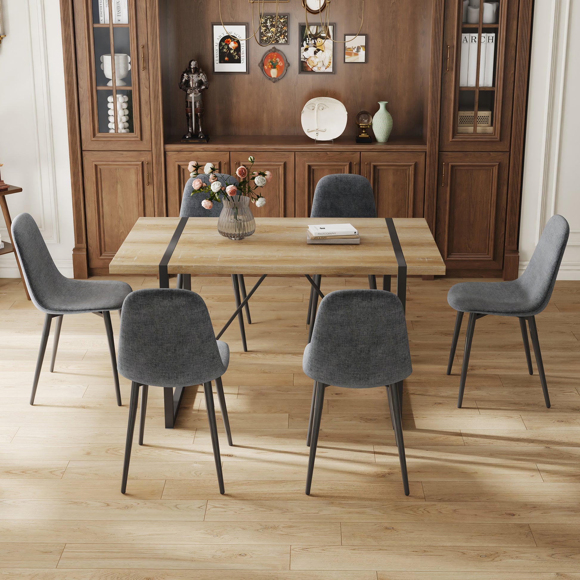 Table And Chair Set, Upholstered Side Chairs In A Modern Medieval Style, Dark Grey Dining Chairs And A Rustic Industrial Rectangular Wood Color Mdf Dining Table. Gray Seats 6 Mdf