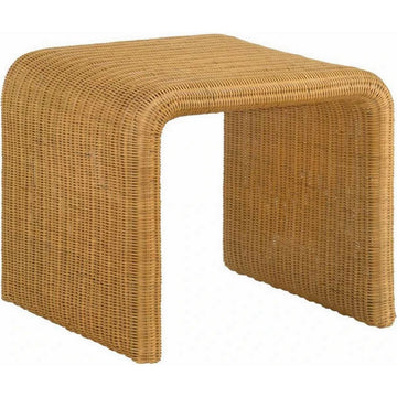 22 Inch Side End Table, Woven Rattan Frame, Waterfall Edges, Square Surface Brown Metal