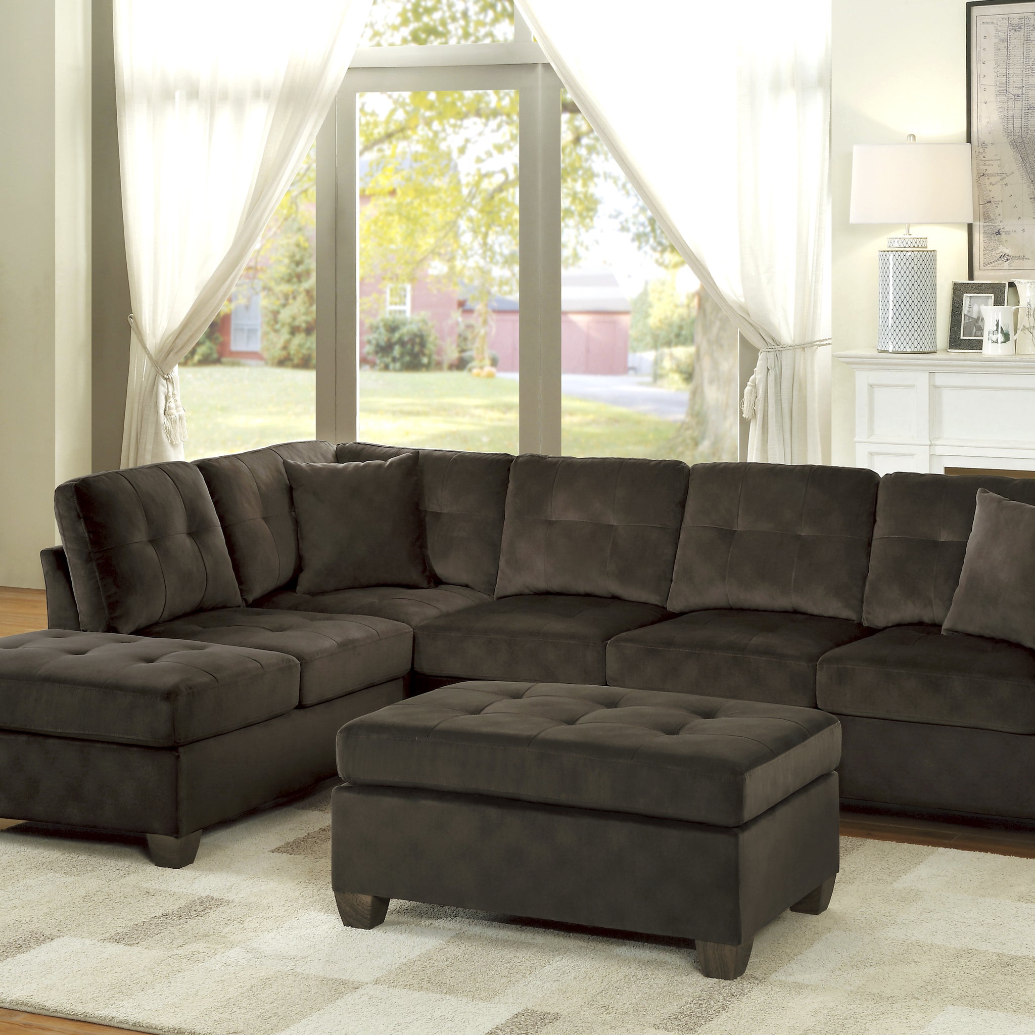 3 Piece Reversible Sectional With Chaise Ottoman Tufted Detail Chocolate Microfiber Upholstered Modern Living Room Furniture L Shape Sofa Chocolate Microfiber Primary Living Space L Shaped