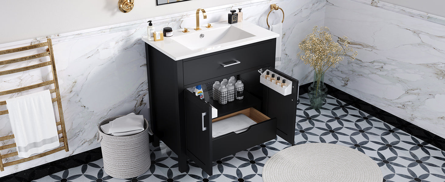 30 Inch Bathroom Vanity With Ceramic Sink And Large Storage The Perfect Choice For Small Bathrooms Black Bathroom Solid Wood Mdf