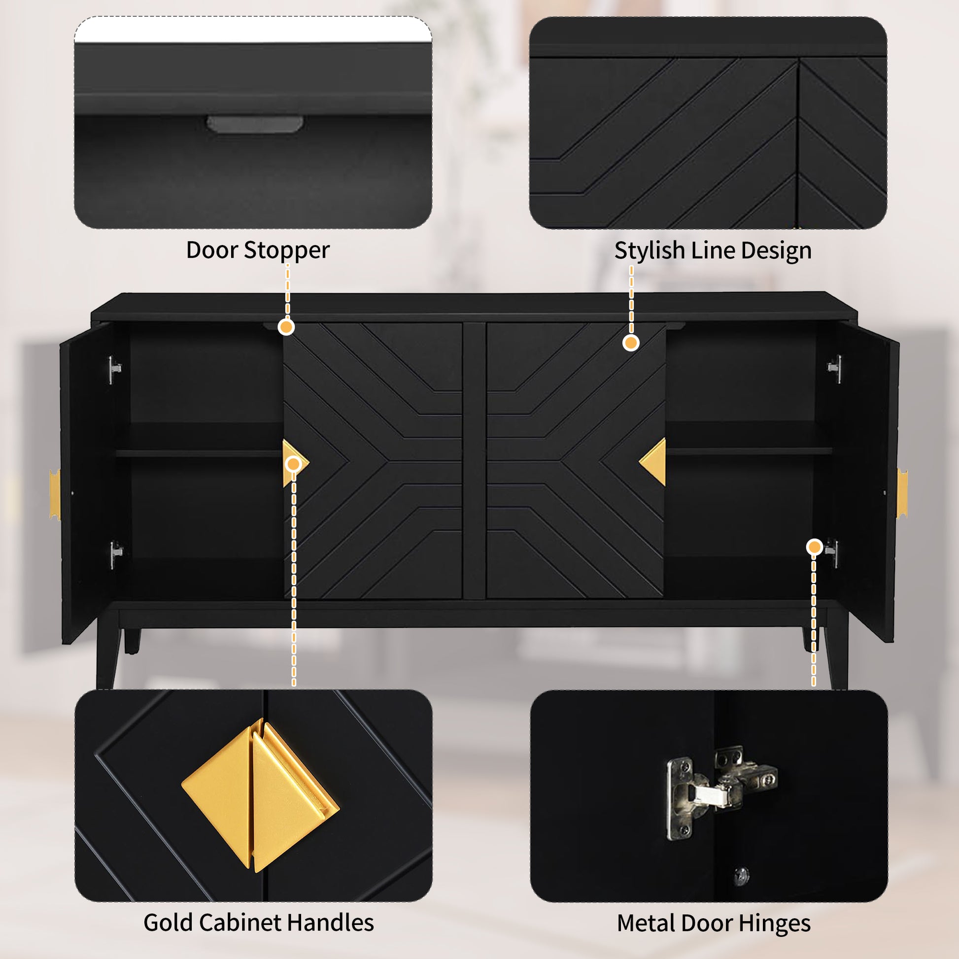 4 Door Sideboard Storage Cabinet For Living Room And Dining Room, Two Large Cabinets With Gold Handles And Adjustable Shelf, Black Black Rubberwood Solid Wood Mdf