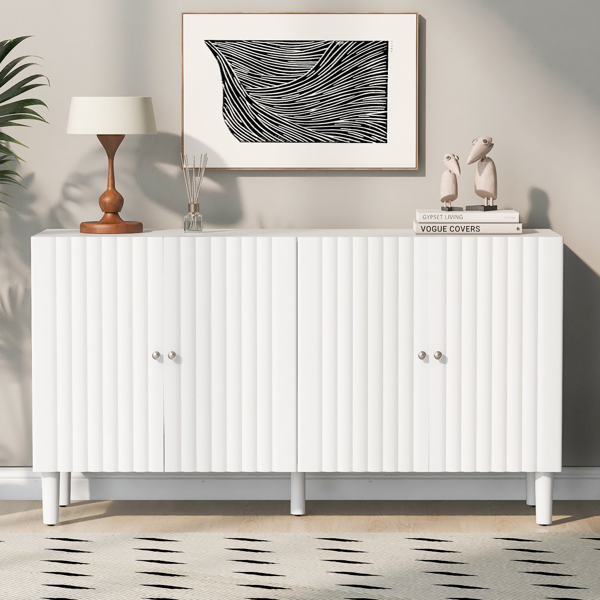 Elegant Four Door Sideboard With Wavy Pattern Doors, Cylindrical Legs, And Sleek Metal Handles, Adjustable, Suitable For Study, Entryway And Living Room White Primary Living Space American Design