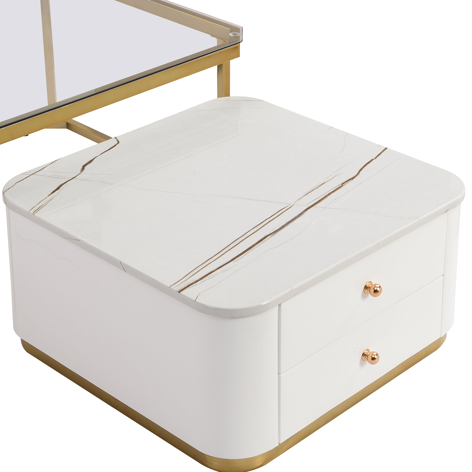 Modern 2 Pieces White Square Nesting Coffee Table With Drawers & Electroplated Gold Legs In 27.6'' Golden White Square Drawers Coffee & End Tables Glossy Square Mdf Glass Mdf Pedestal