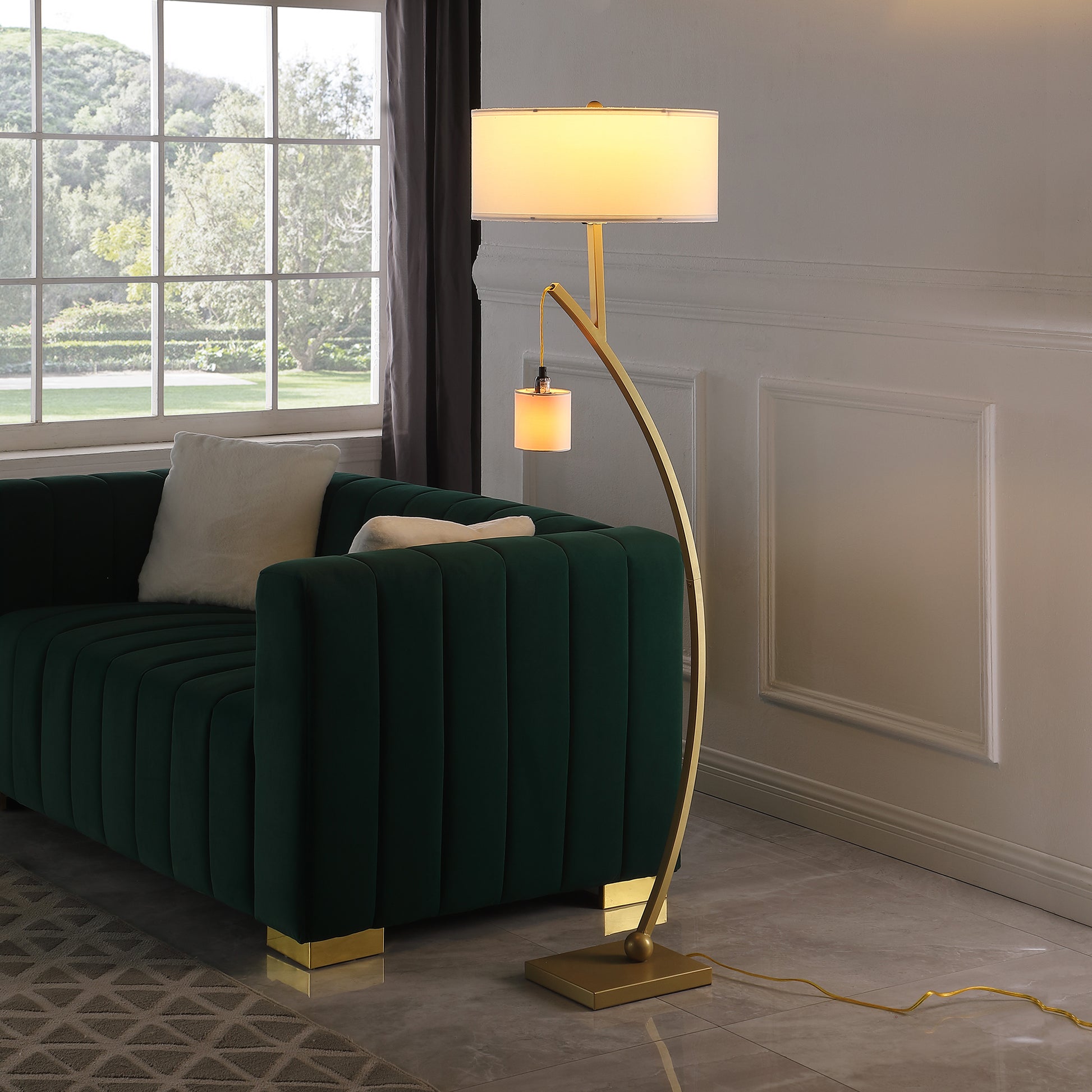 59" In Contemporary Dual Gold Arc W Hanging Pendelum Lamp Metal Floor Lamp Gold Fabric Metal