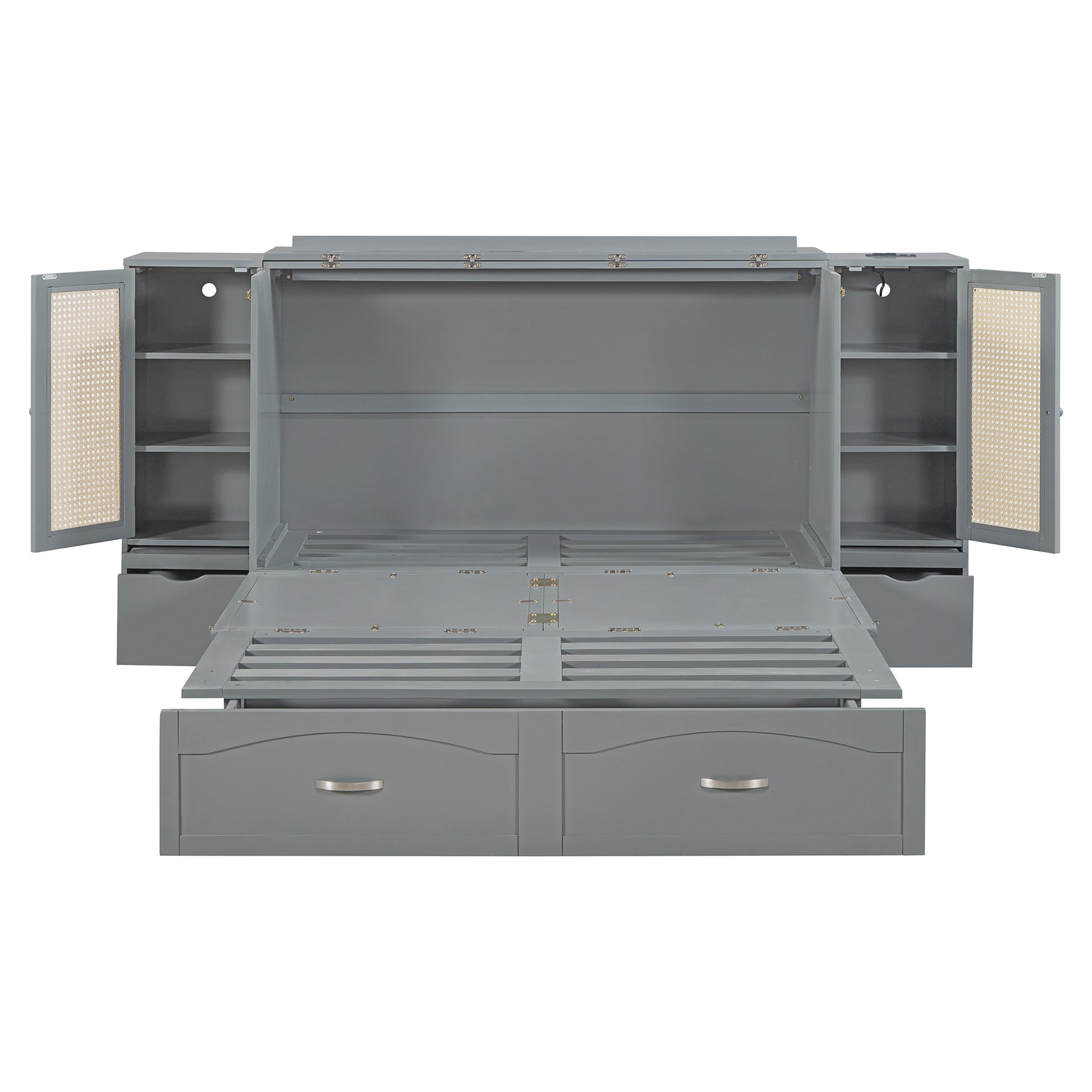 Full Size Murphy Bed Wall Bed With Drawer And Rattan Decoration With 2 Storage Cabinets, One Set Of Sockets & Usb Ports, Pulley Structure Design, Gray Full Gray Plywood