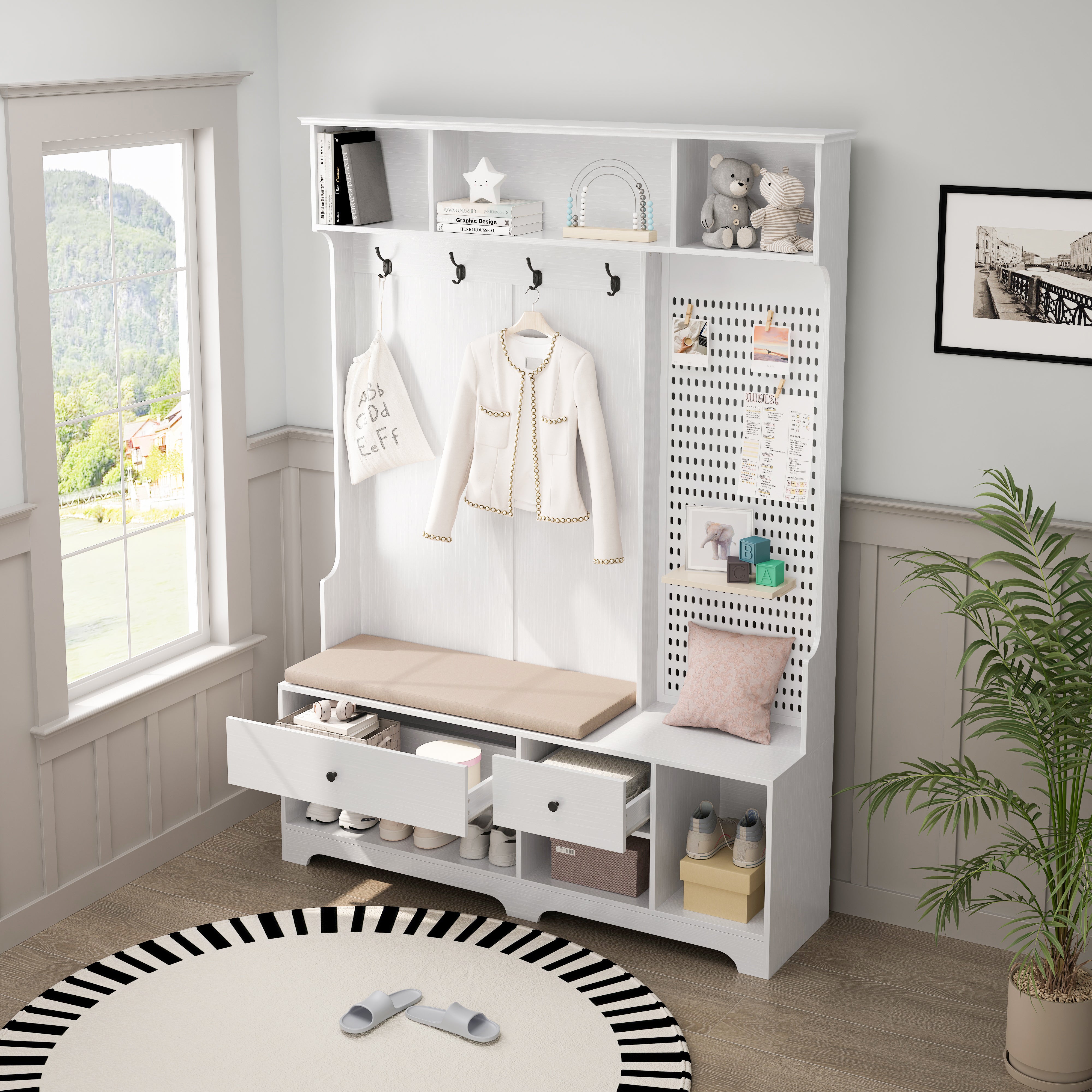 Multi Purpose Hallway Hall Tree With Removable Linen Cushioned Entrywa