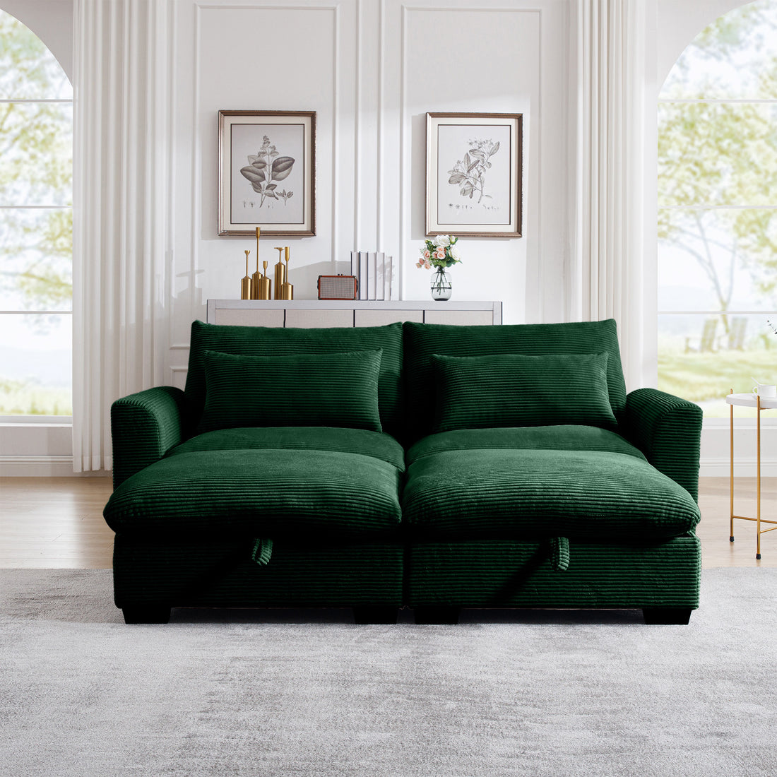 Corduroy Two Seater Sofa With 2 Storage Footrest,2 Seater Sectional Deep Seat Sofa,Comfy Couches For Living Room,Green Sofa Green Corduroy 2 Seat