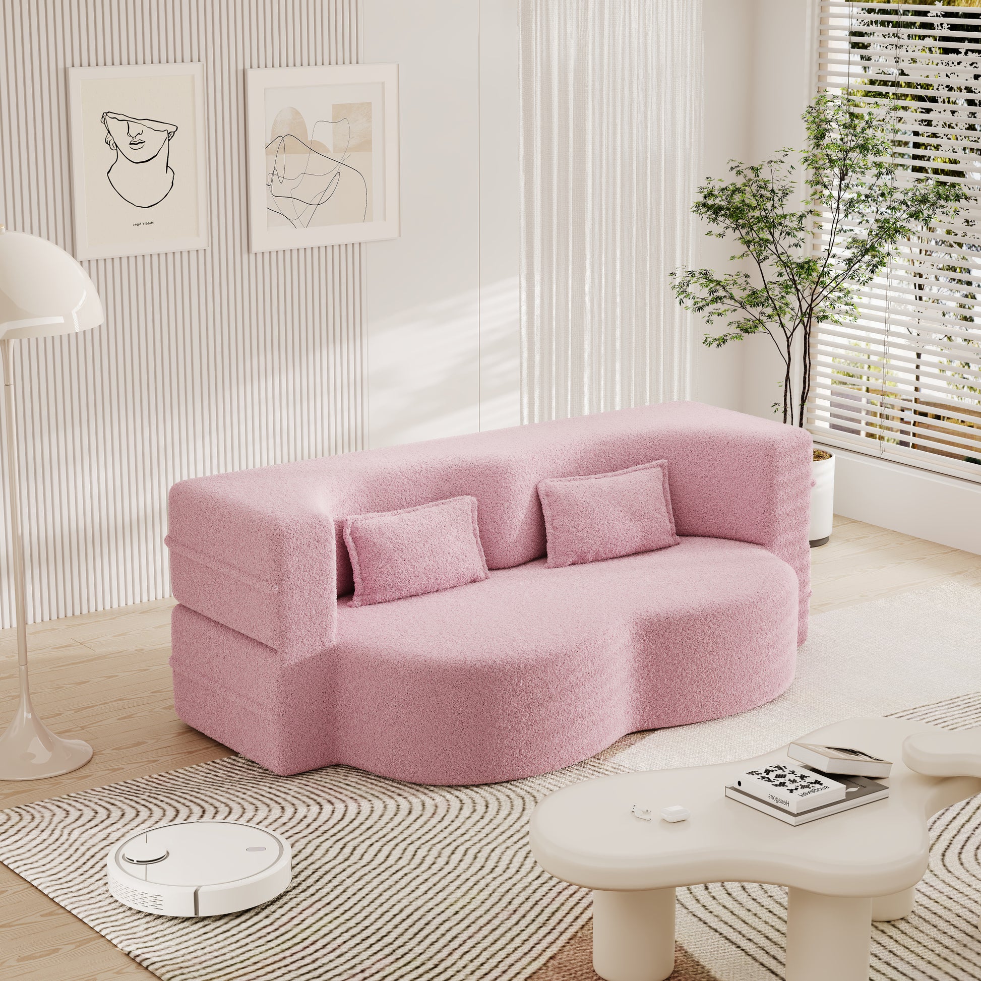 Modern Floor Sofa With 2 Pillows,Convertible Teddy Fabric Foam Filled Sleeper Sofa Bed,15" Full Size Folding Mattress For Living Room, Guest Bed, Playroom,No Assembly Required,Pink Pink Foam Spring 2 Seat