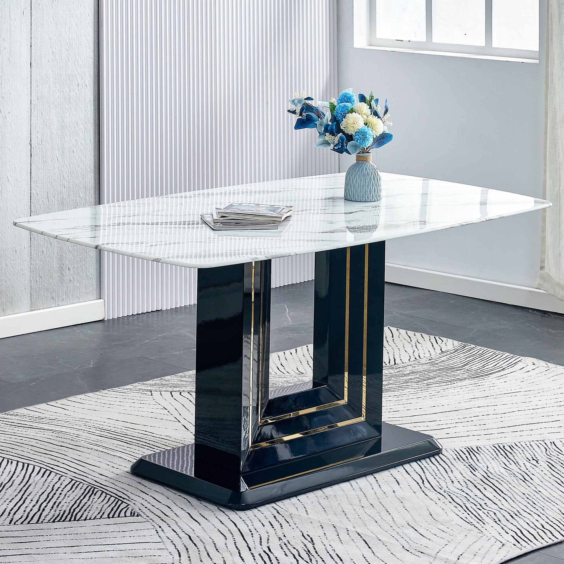 63" Dining Table, Luxurious Dining Room Table With Faux Marble Top And U Shape Mdf Base, Modern Kitchen Dining Table For Kitchen Living Dining Room White Black Seats 6 Dining Room Luxury,Modern Mdf Glass