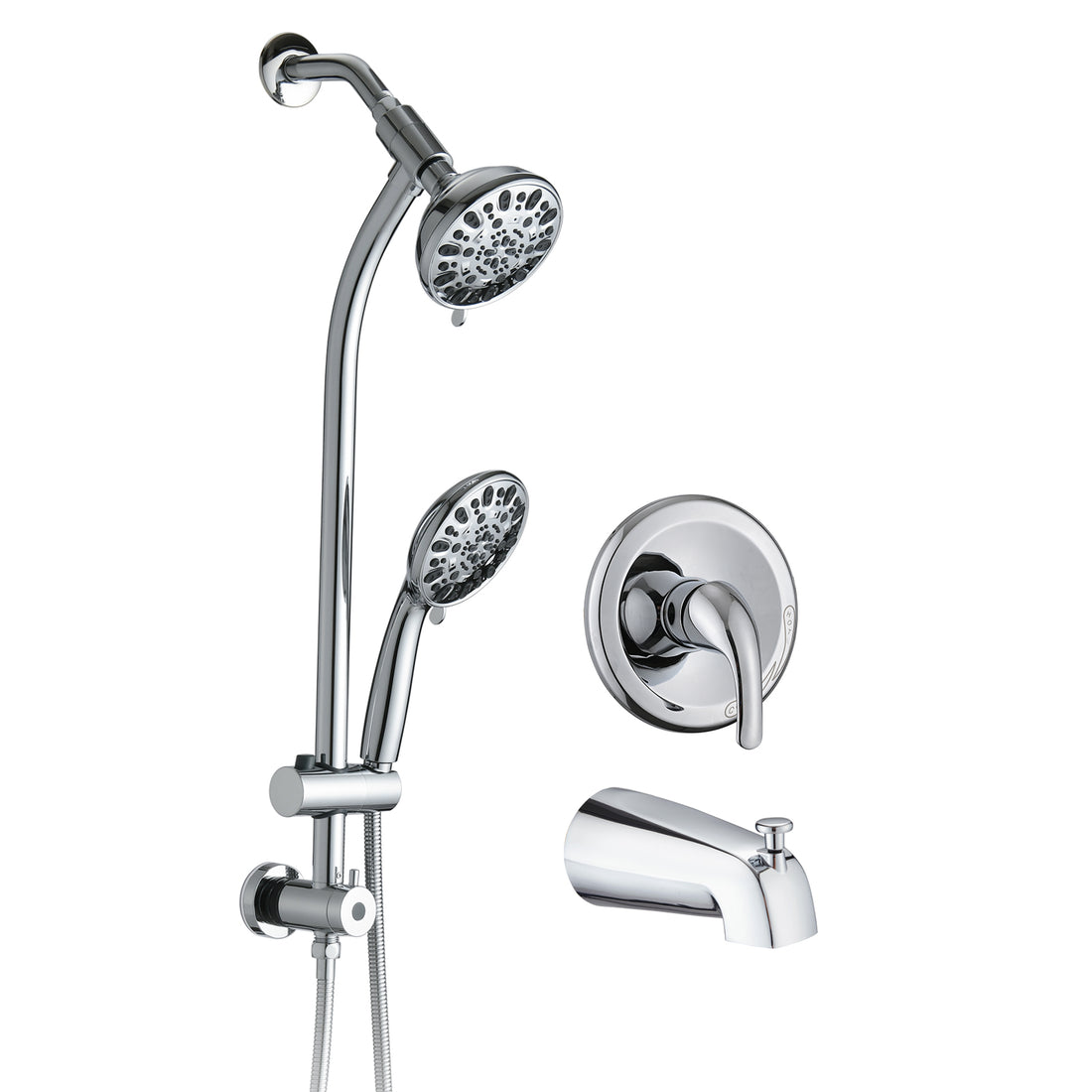 5" Polished Chrome Rain Showerhead With Handheld Tub Spout 7 Spray Modes And Slide Bar Chrome Stainless Steel