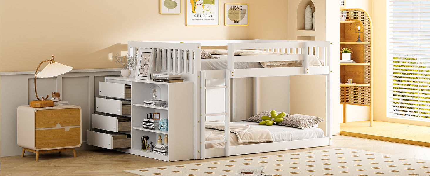 Full Over Full Bunk Bed With 4 Drawers And 3 Shelves White Full White Solid Wood