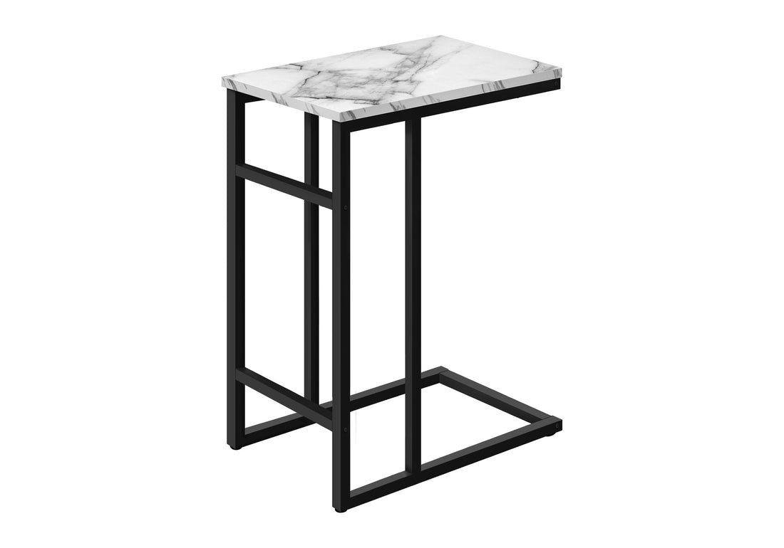 Accent Table, C Shaped, End, Side, Snack, Living Room, Bedroom, White Marble Look Laminate, Black Metal, Contemporary, Modern White Particle Board