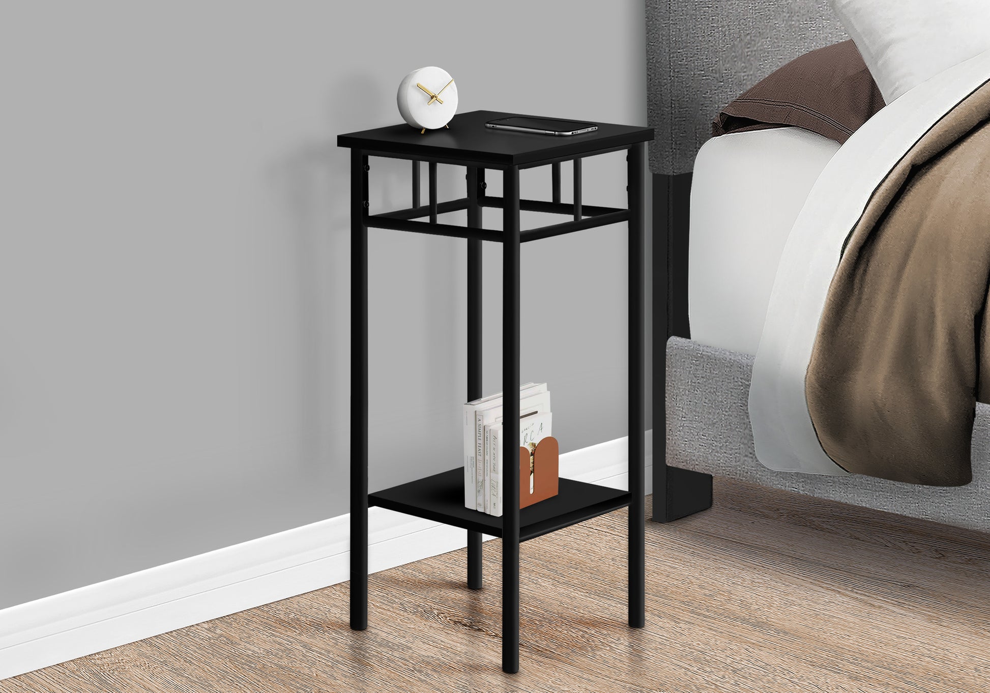 Accent Table, Side, End, Plant Stand, Square, Living Room, Bedroom, Black Laminate, Black Metal, Contemporary, Modern Black Mdf