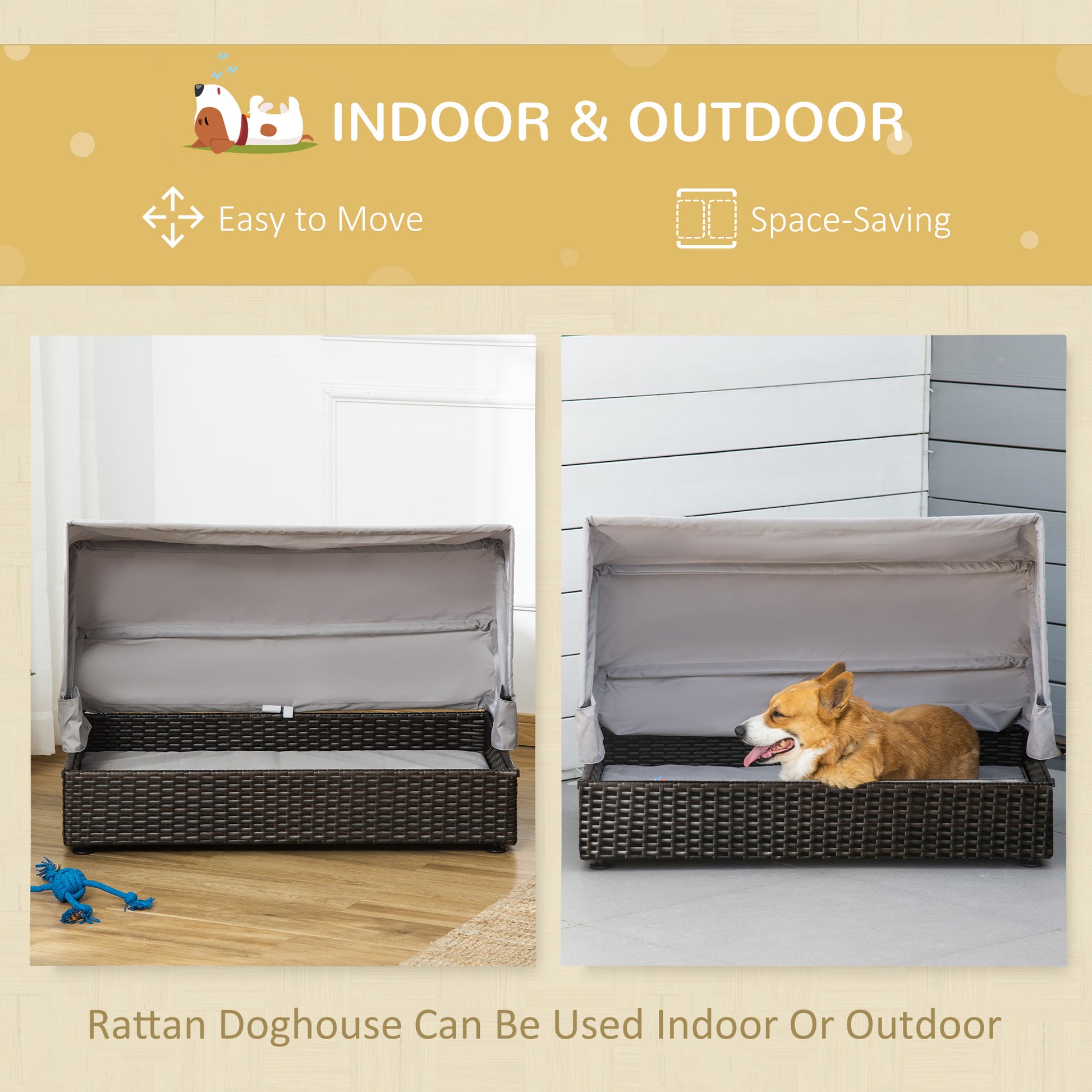 Pawhut Rattan Dog Bed, Elevated Pet Sofa, Wicker Cat House, Indoor Outdoor Use, For Garden Patio With Foldable Canopy, For Small Or Medium Sized Pets, Coffee Brown Rattan