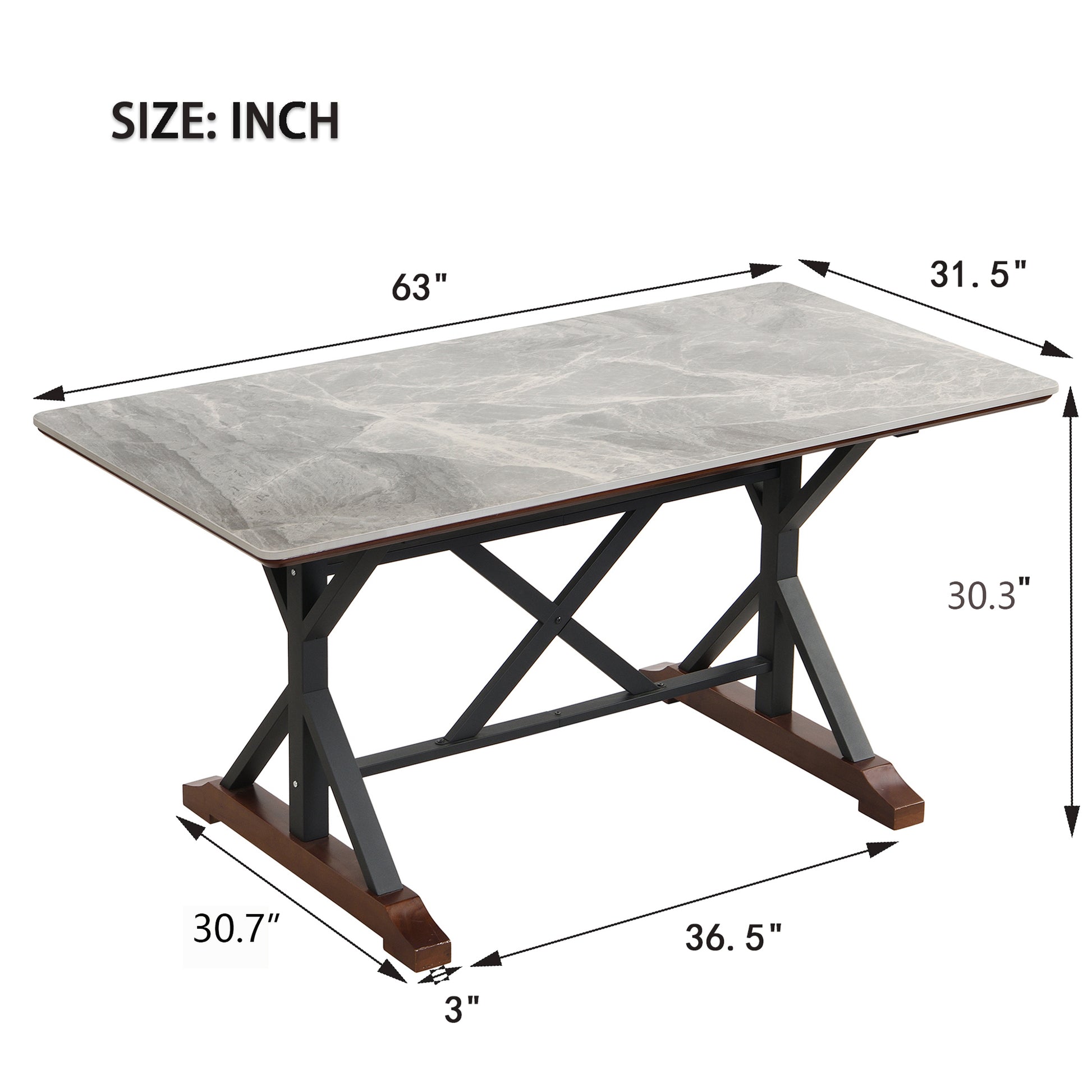 Sintered Stone Dining Table, 63" Modern Gray Rectangular Kitchen Dinner Table, Faux Marble Dining Room Table With X Shaped Metal Legs And Solid Wood Base, Scratch And Heat Resistant, Table Only Gray Classic,Mid Century Modern,Modern Solid Wood Mdf