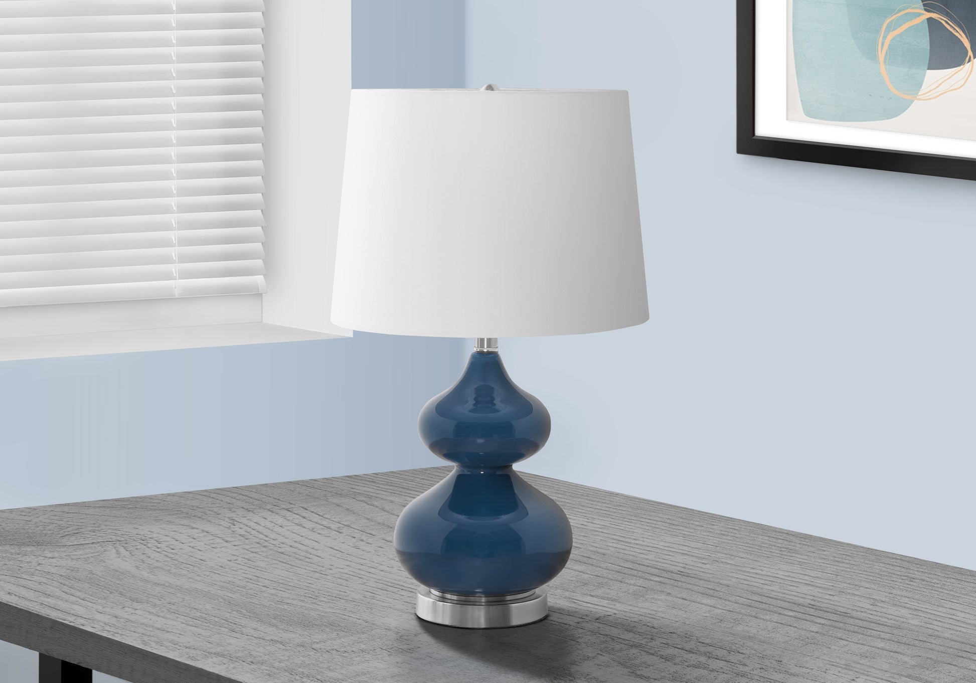 Lighting, 24"H, Blue Glass, Ivory Cream Shade, Contemporary Blue Tempered Glass