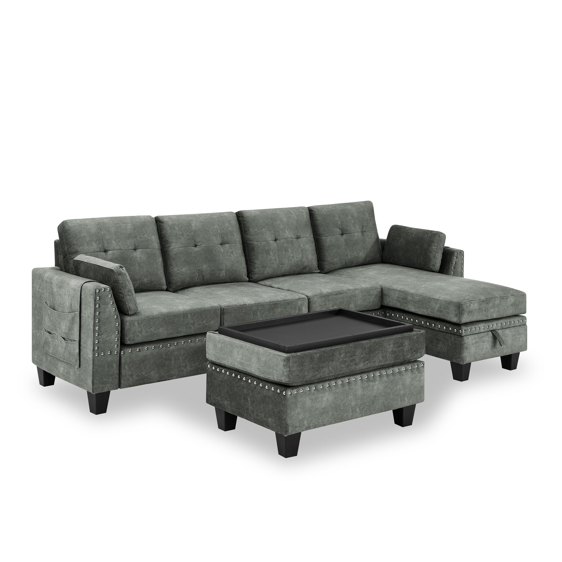 Sectional 3 Seaters Sofa ,Double Sided Multi Functional Footstool, Storage Matnon Slip Leg, Two Pillows, Velvet, Light Grey Light Grey Velvet 3 Seat