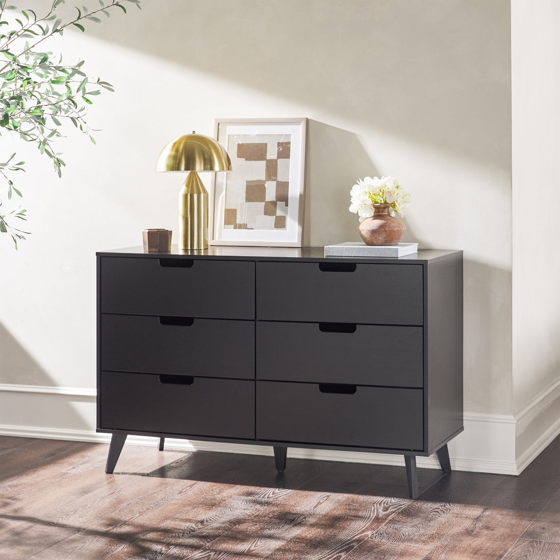 Mid Century Hans 6 Drawer Dresser With Cut Out Handles, Black Black Mdf Mdf