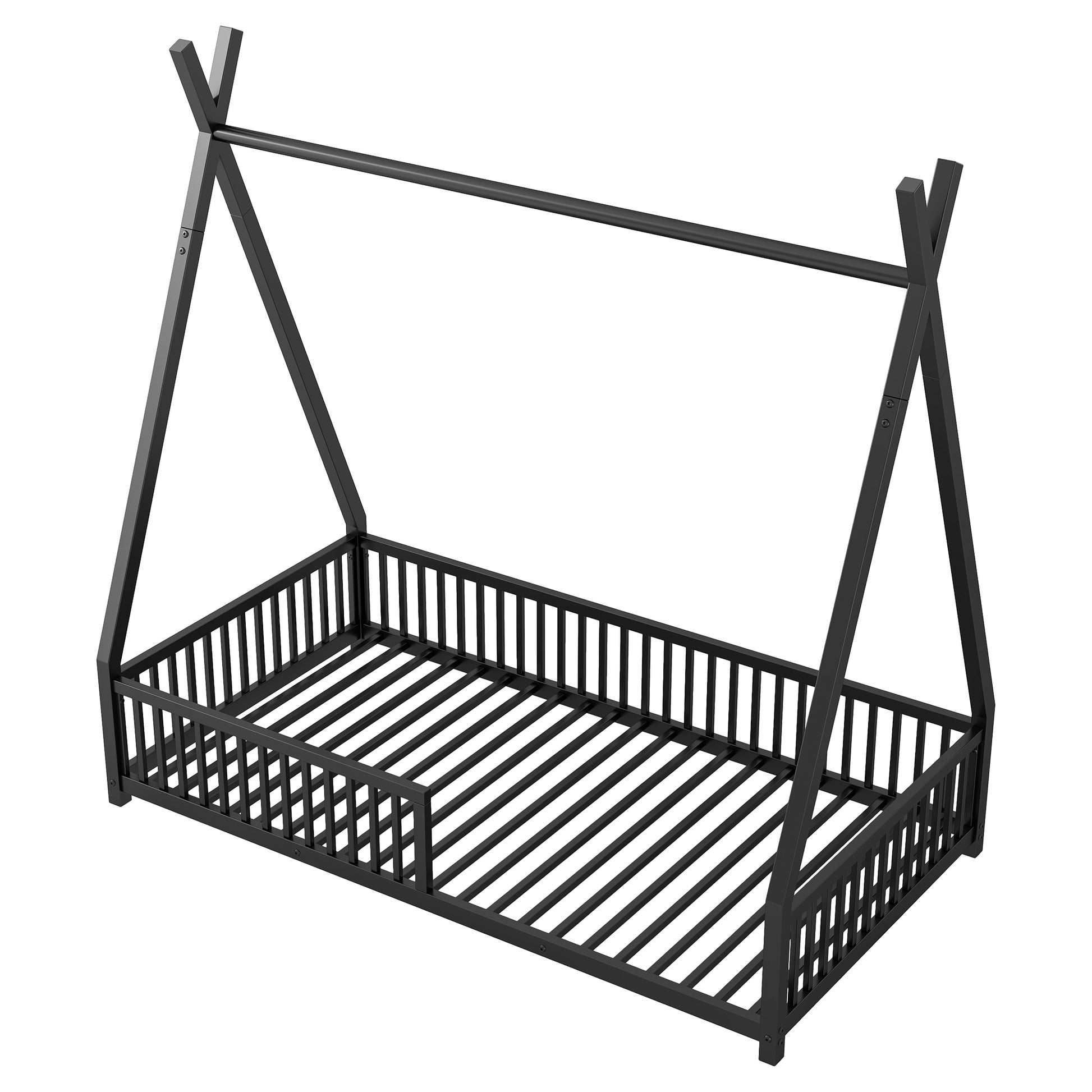 Metal Twin Size House Platform Bed With Triangle Structure And Guardrail, Black Box Spring Not Required Twin Black Metal Metal