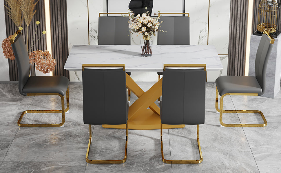 Table And Chair Set, The Table Is Equipped With A Marble Patterned Mdf Tabletop And Gold Table Legs.The Chair Is Equipped With Pu Synthetic Leather High Back Cushion And Gold Coated Metal Legs. Grey Gold Seats 6 Mdf Metal