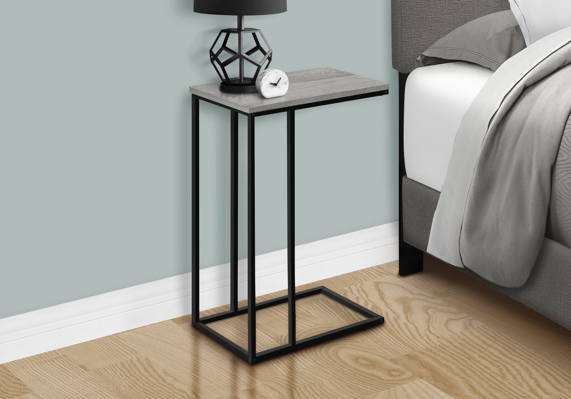 Accent Table, C Shaped, End, Side, Snack, Living Room, Bedroom, Grey Laminate, Black Metal, Contemporary, Modern Grey Particle Board