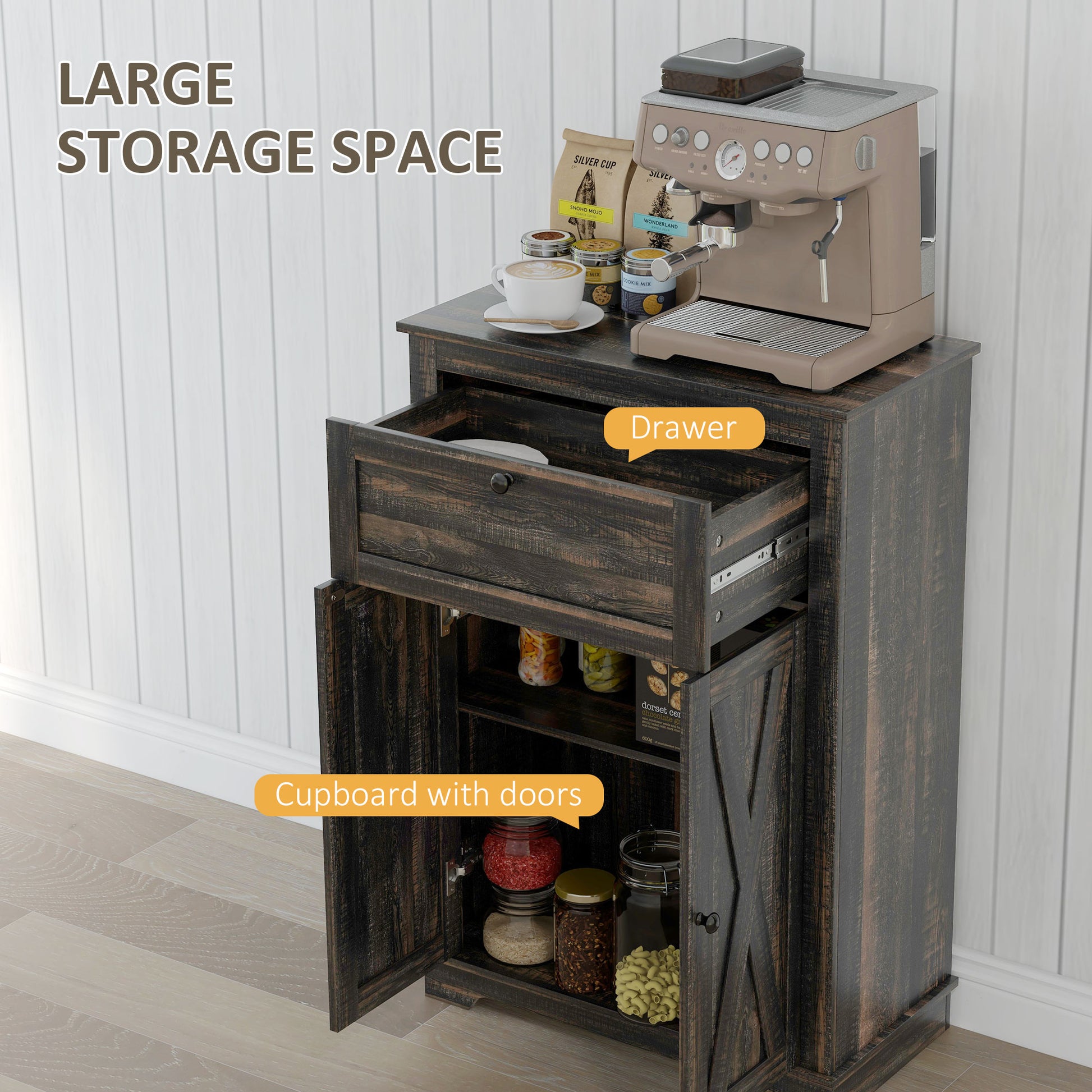 Homcom Farmhouse Barn Door Accent Cabinet, Kitchen Sideboard Storage Cabinet With Double Doors, Drawer, And Adjustable Shelf For Bedroom, Living Room, Dark Brown Brown Particle Board