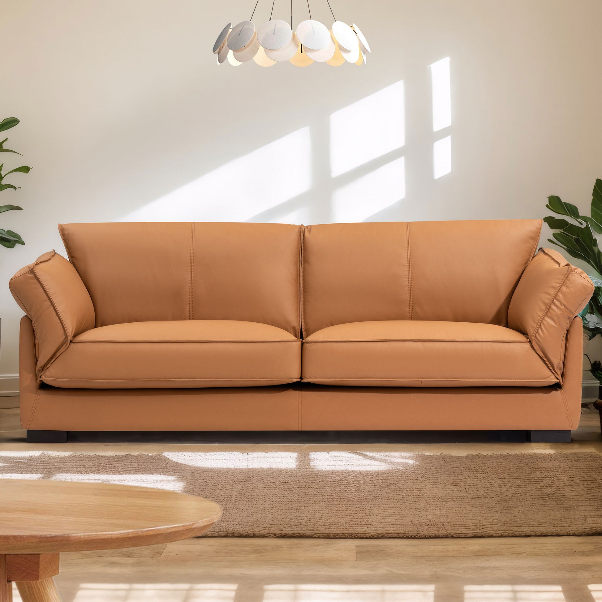 89.76 Inch Top Genuine Leather Sofa, 3 Seater Leather Couch, Mid Century Modern Couch For Living Room Bedroom Apartment Office, Tan Tan Genuine Leather 3 Seat