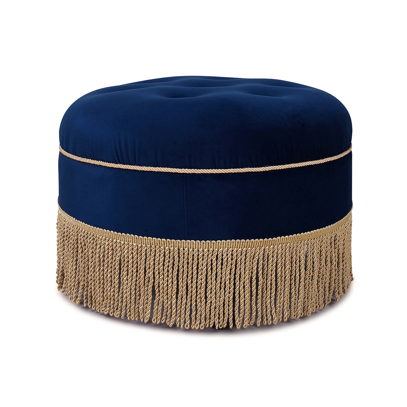 Yolanda 24" Round Upholstered Accent Ottoman, Navy Blue Velvet With Gold Trim Navy Blue Foam Velvet