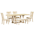 Traditional 6 Piece 78Inch Trestle Extendable Dining Table Set With One 18Inch Removable Leaf, Padded Dining Chairs And Bench,Natural Wood Dining Room Solid Wood Rubberwood Rectangular Dining Table With Chair And Bench Upholstered Chair Wood Natural Slat