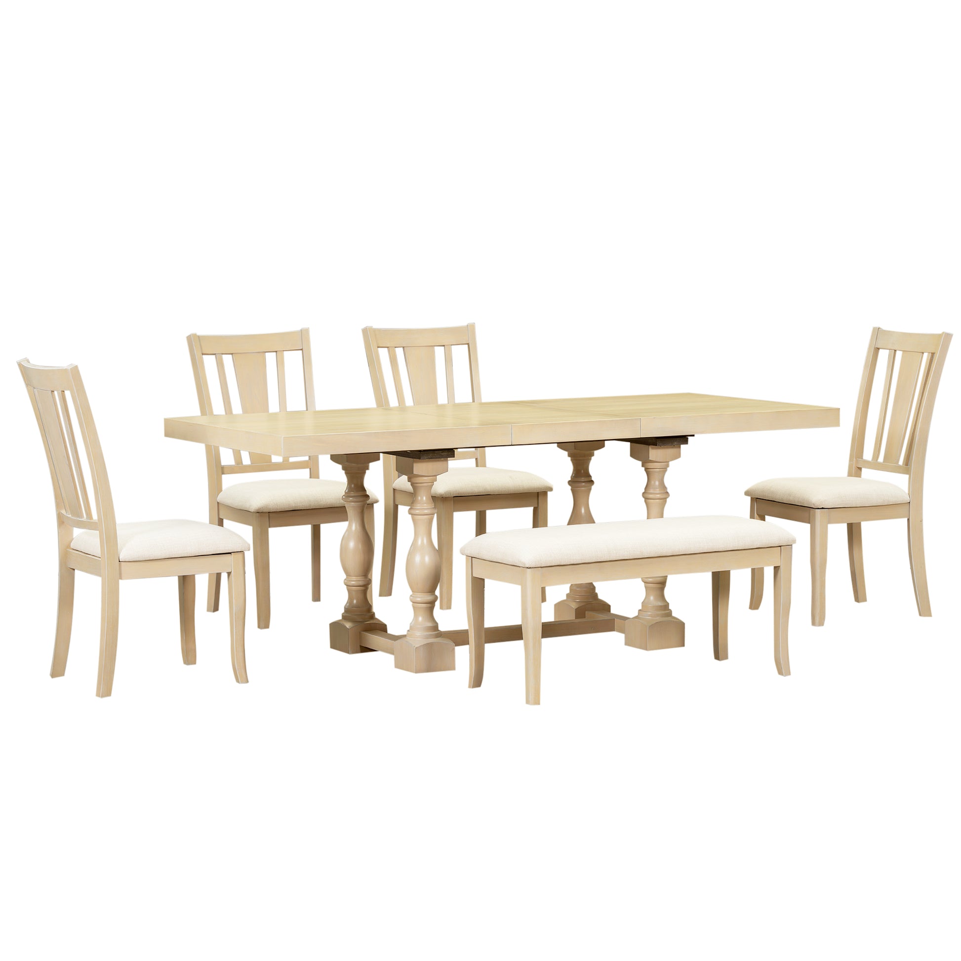 Traditional 6 Piece 78Inch Trestle Extendable Dining Table Set With One 18Inch Removable Leaf, Padded Dining Chairs And Bench,Natural Wood Dining Room Solid Wood Rubberwood Rectangular Dining Table With Chair And Bench Upholstered Chair Wood Natural Slat