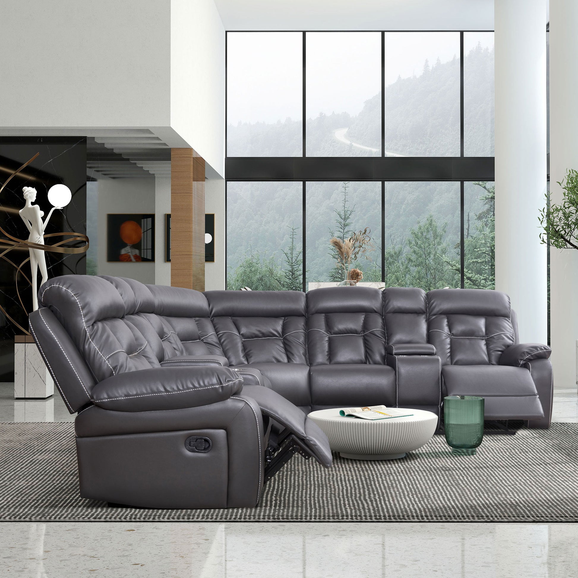 Faux Leather Reclining Sofa Grey Grey Pu 5 Seat
