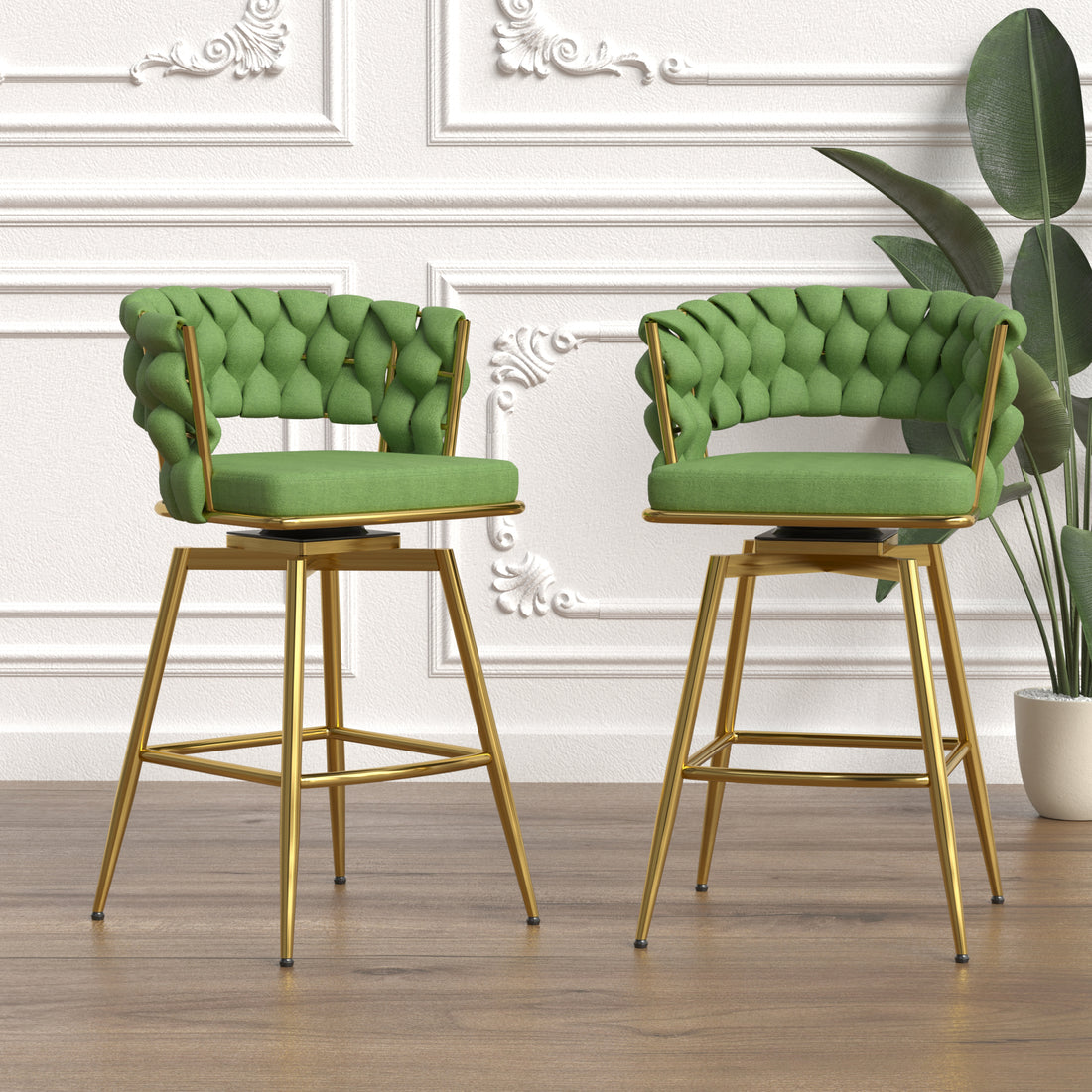 Bar Chair Linen Woven Bar Stool Set Of 2,Golden Legs Barstools No Adjustable Kitchen Island Chairs,360 Swivel Bar Stools Upholstered Bar Chair Counter Stool Arm Chairs With Back Footrest, Green Green Foam Linen