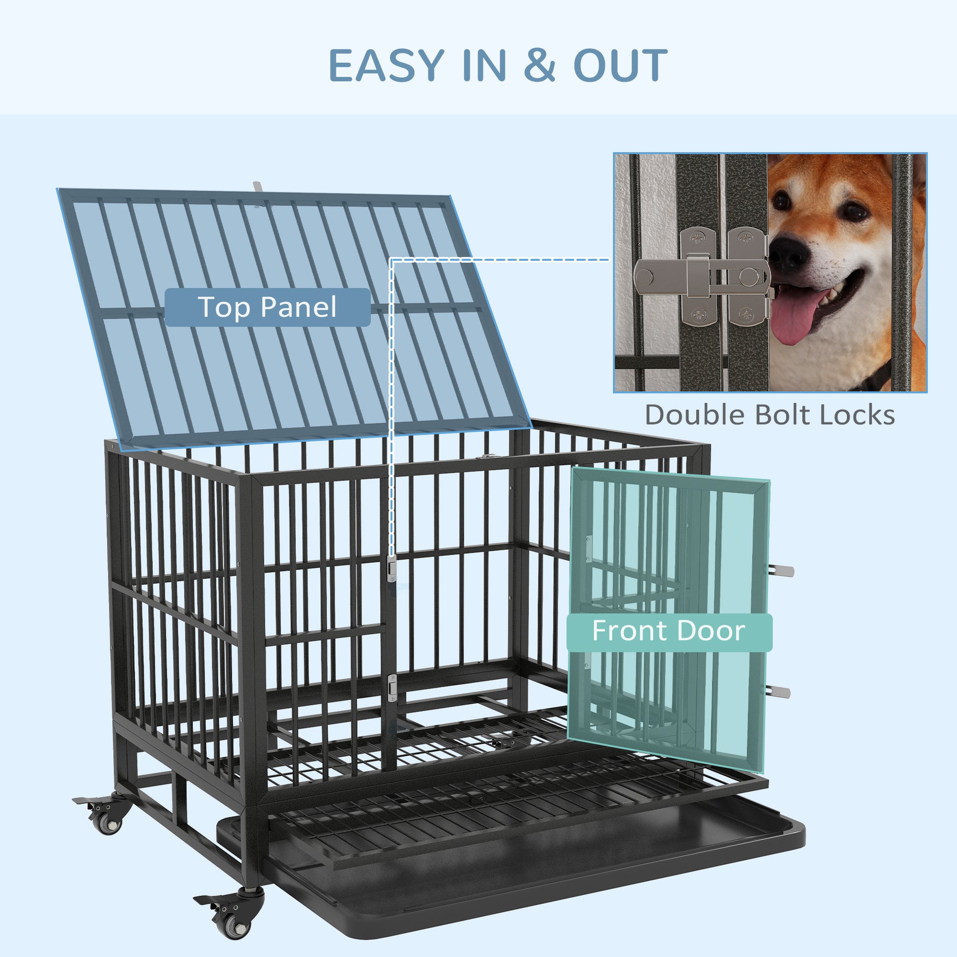 Pawhut 36" Heavy Duty Dog Crate Metal Cage Kennel With Lockable Wheels, Double Door And Removable Tray, Gray Grey Steel