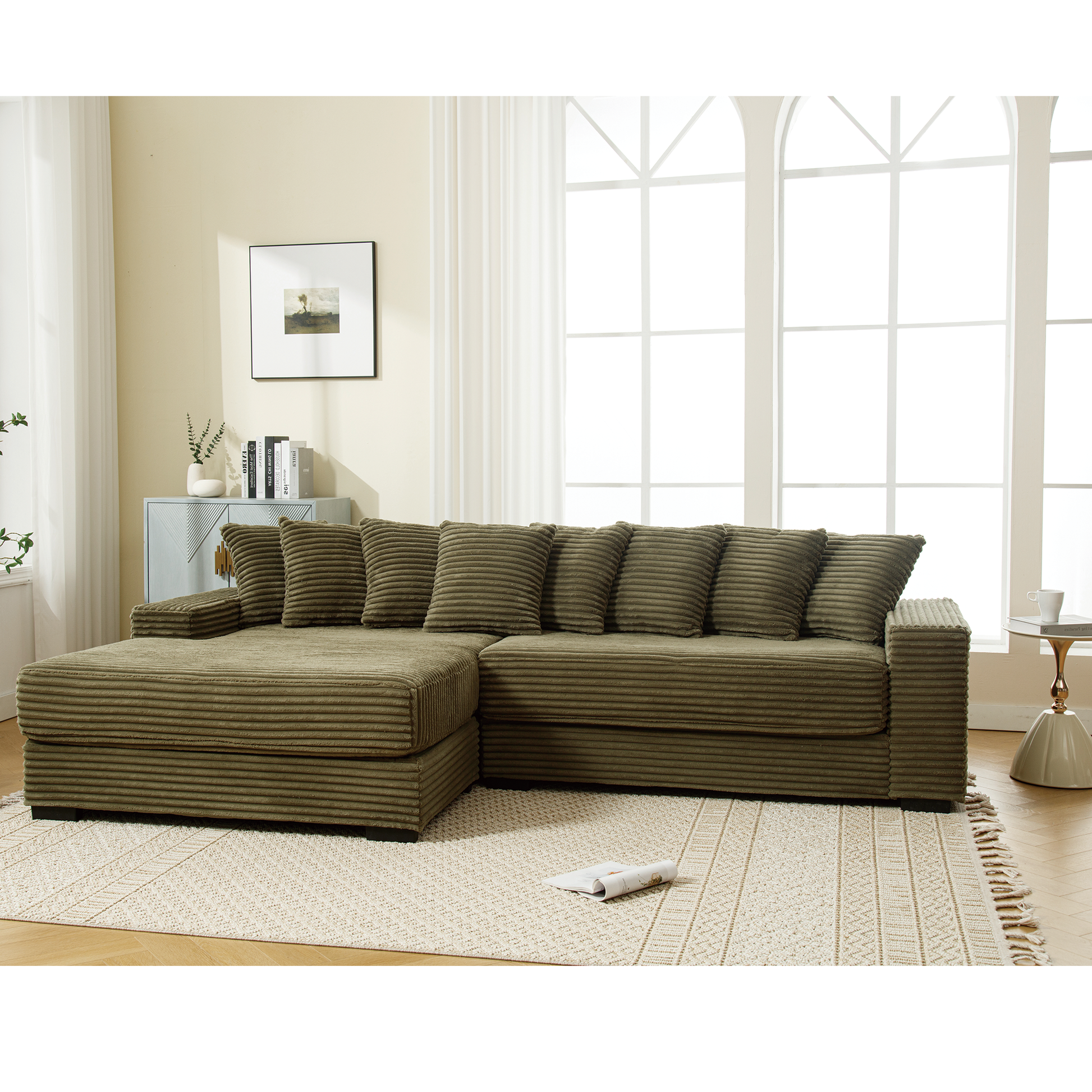 Arrived Oversized Two Piece Couches, L Shaped Sofa, Corduroy, Left Chaise Daybed,With Armrests,Eight Throw Pillows,Corner Sofa,Easy To Assemble, Green Green Polyester Wood Primary Living Space Medium Soft Pillow Back Modern Square Arms Wood 3 Seat
