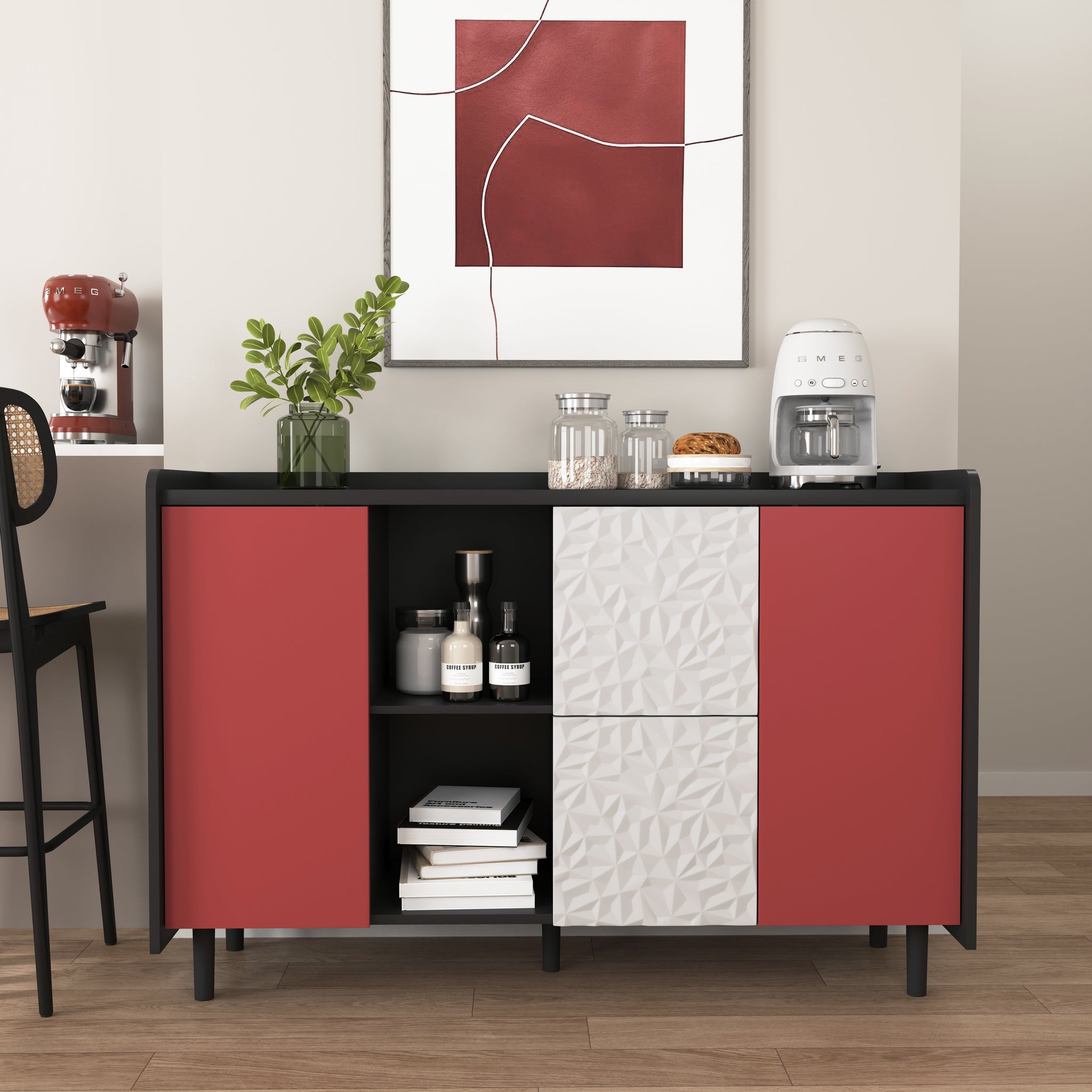 Sideboard Buffet Cabinet, Black Storage Cabinet With Red Doors2 Drawers With Unique Panel Styling And 2 Open Storage Compartment, Modern Coffee Bar Cabinet Accent Cabinet For Kitchen, Dining Room Black Red Mdf