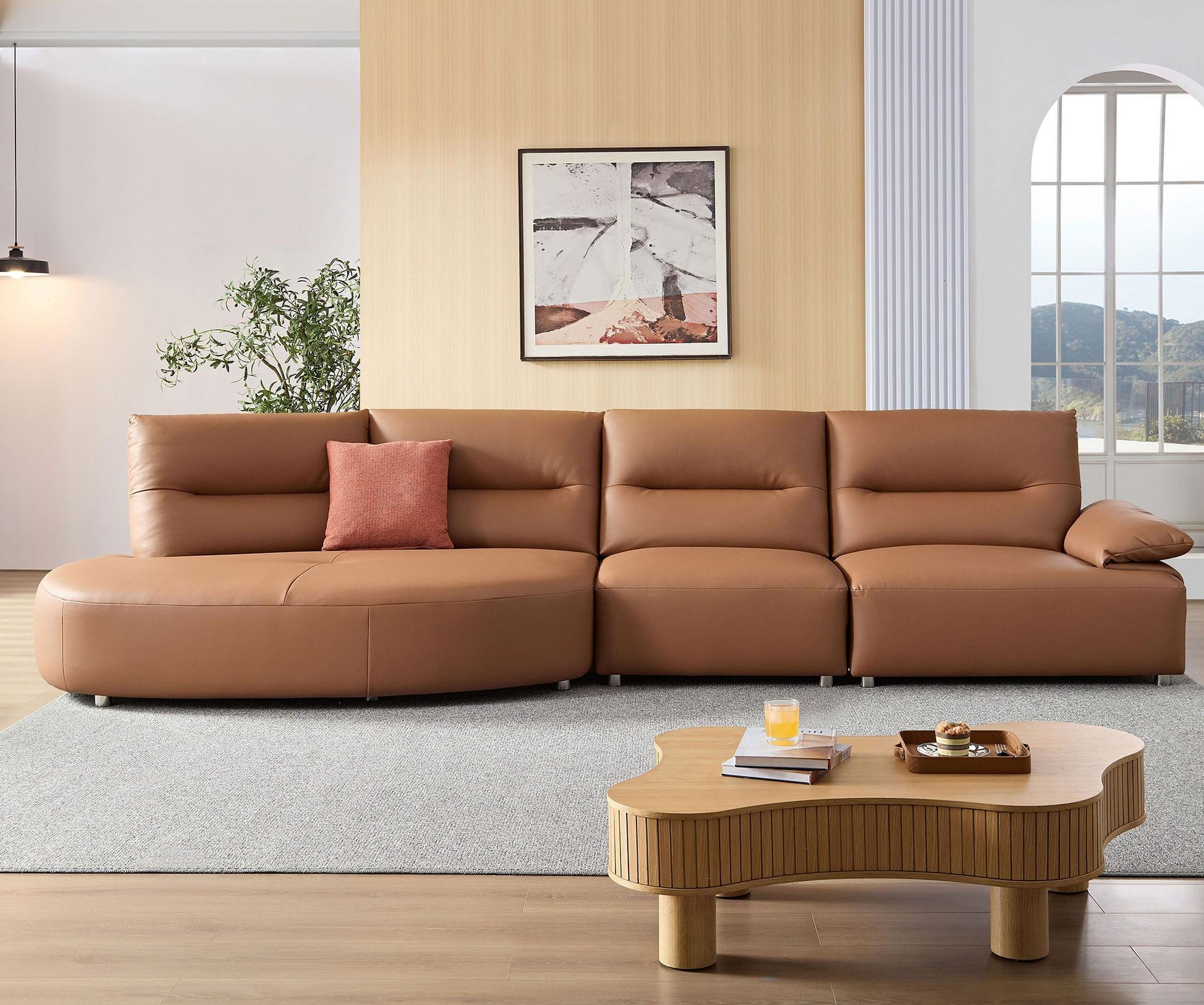 147.24'' Oversied Modern Sectional Curved Shaped Sofa Couch For Living Room,Upholstered 5 Seat Sofa Eco Leather Couch Set ,Brown Brown Leather 5 Seat