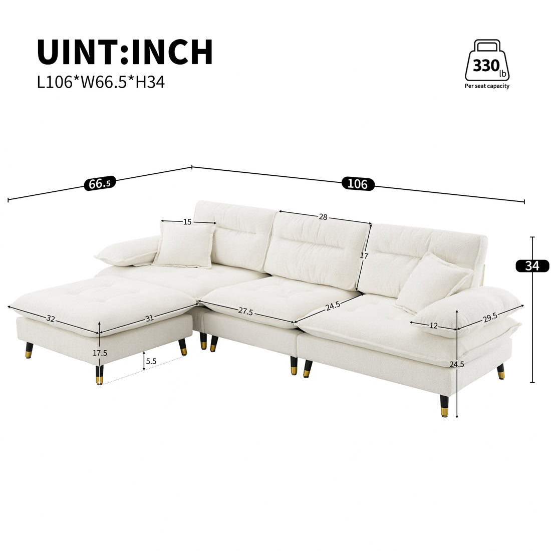 106*66.5" L Shaped Convertible Sectional Sofa,4 Seat Tufted Couch Set With Two Tone Adjust Legs,Cloud Chenille Fabric,Movable Ottoman For Living Room, Apartment,Office,3 Colors White Chenille 4 Seat