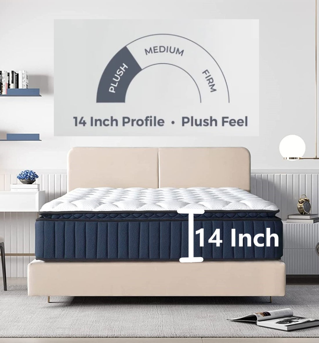 Full Size Opulence 14" Plush Pillow Top Memory Foam Edge Support Pocket Spring Premium Hybrid Mattress White Black Blue Polyester Foam Spring Full