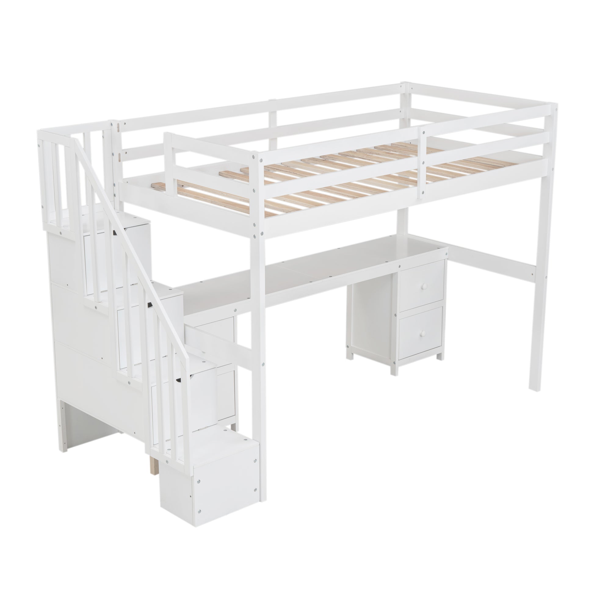 Twin Size Loft Bed Frame With Built In Desk And Double Storage Drawers,White Twin White Solid Wood Mdf