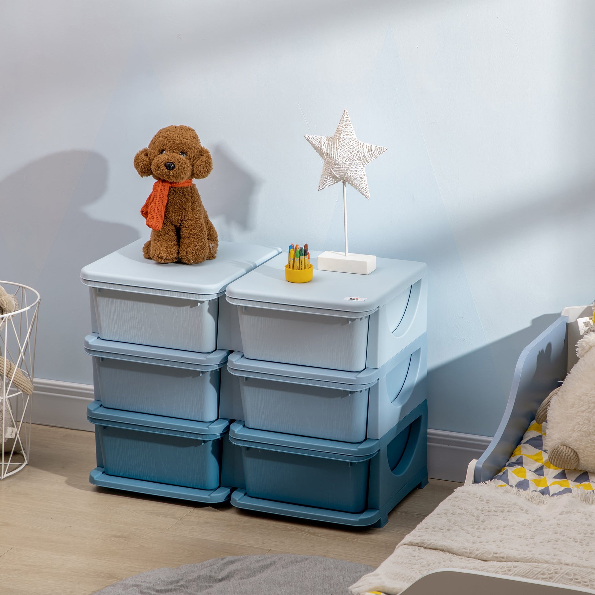 Qaba 3 Tier Kids Storage Unit, 6 Drawer Chest Toy Organizer Plastic Bins For Kids Bedroom Nursery Kindergarten Living Room For Boys Girls Toddlers, Blue Blue Plastic