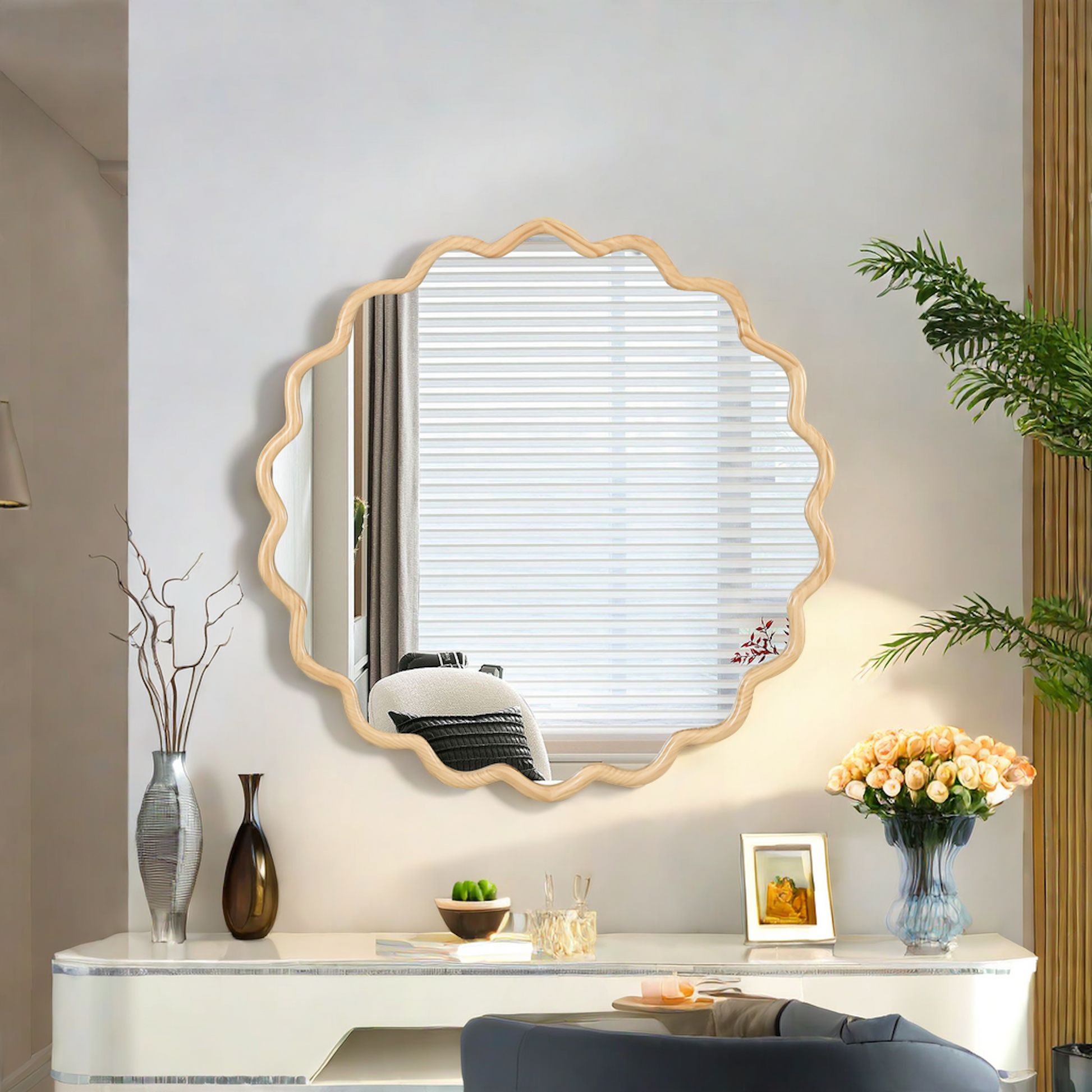 Solid Wood Wavy Mirror Natural Wood Vanity Mirror Wall Decor 42" X 42" Modern Mirror Wall Decor For Bathroom, Bedroom, Living Room, Dining Room, Cloakroom, Entryway Natural Wood Glass Solid Wood