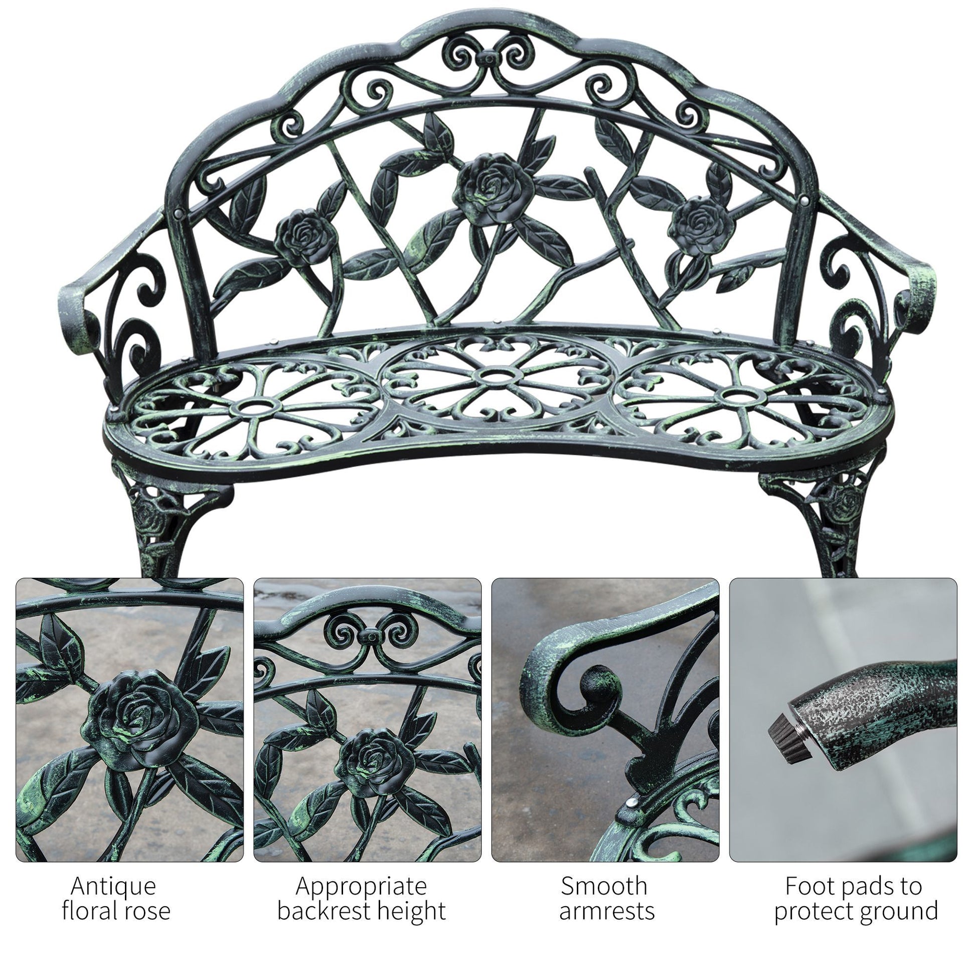 Outsunny Outdoor Bench, Cast Aluminum Outdoor Furniture, Metal Bench With Floral Rose Accent & Antique Finish, Green Green Aluminum