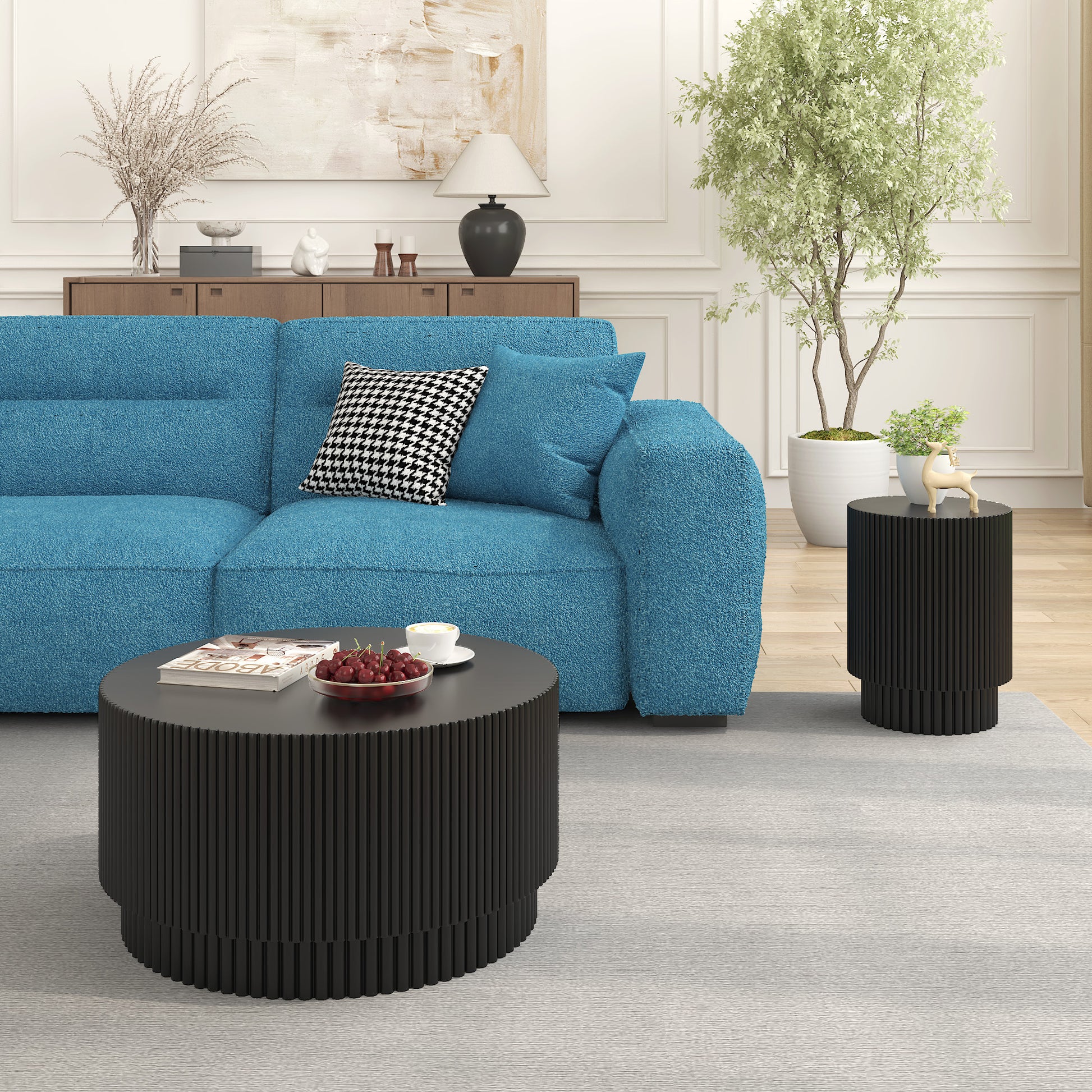 15.72 Inch H Barrel Coffee Table, Nordic Style, Simple Design, Suitable For Indoor And Outdoor Use, Magnesium Oxide Material, Suitable For Living Room, Bedroom Or Garden Sofa Black Magnesium Oxide