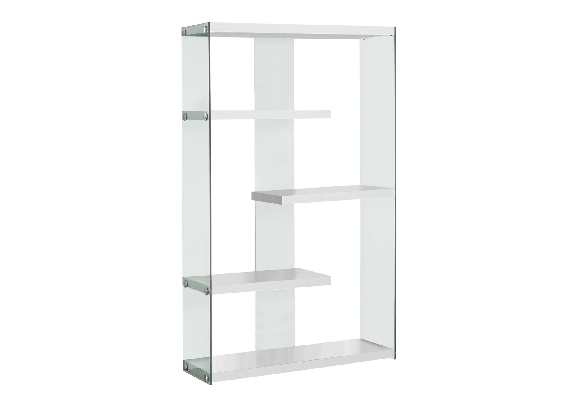 Bookshelf, Bookcase, Etagere, 5 Tier, 60"H, Office, Bedroom, Glossy White Laminate, Clear Tempered Glass, Contemporary, Modern White Mdf