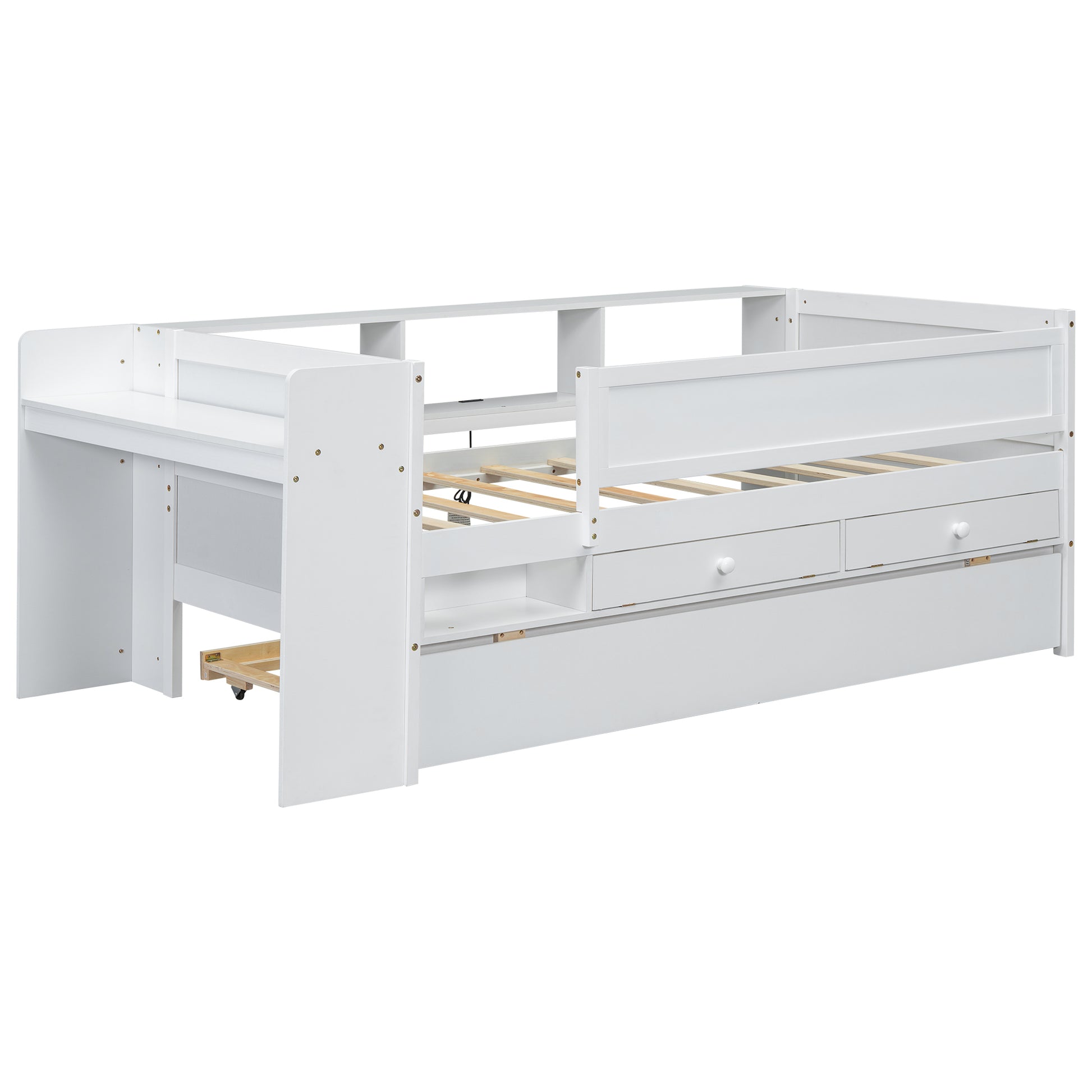 Multi Functional Twin Daybed With Drawers And Trundle, Headboard Storage And Tables, Usb Charging Station, White Box Spring Not Required Twin White Wood Daybeds Pine