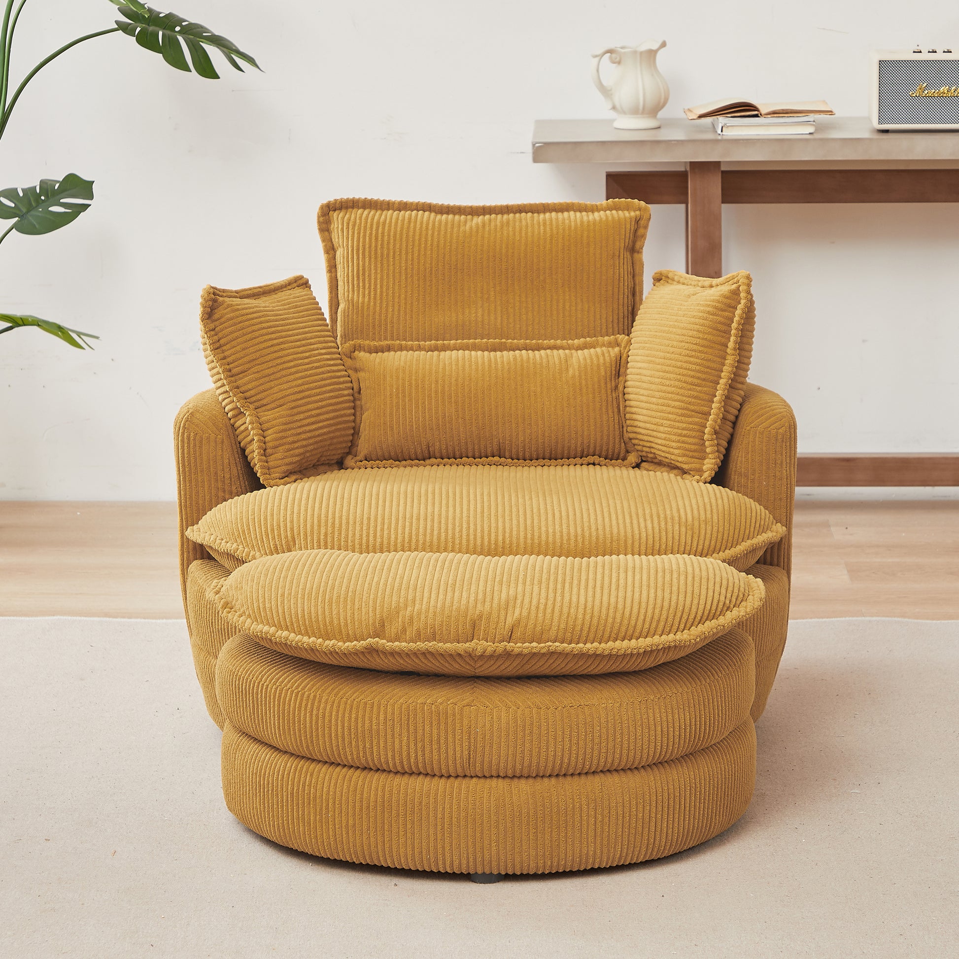 38"W Oversized Swivel Chair With Moon Storage Ottoman For Living Room, Modern Accent Round Loveseat Circle Swivel Barrel Chairs For Bedroom Cuddle Sofa Chair Lounger Armchair, 4 Pillows,Corduroy Yellow Foam Corduroy 1 Seat