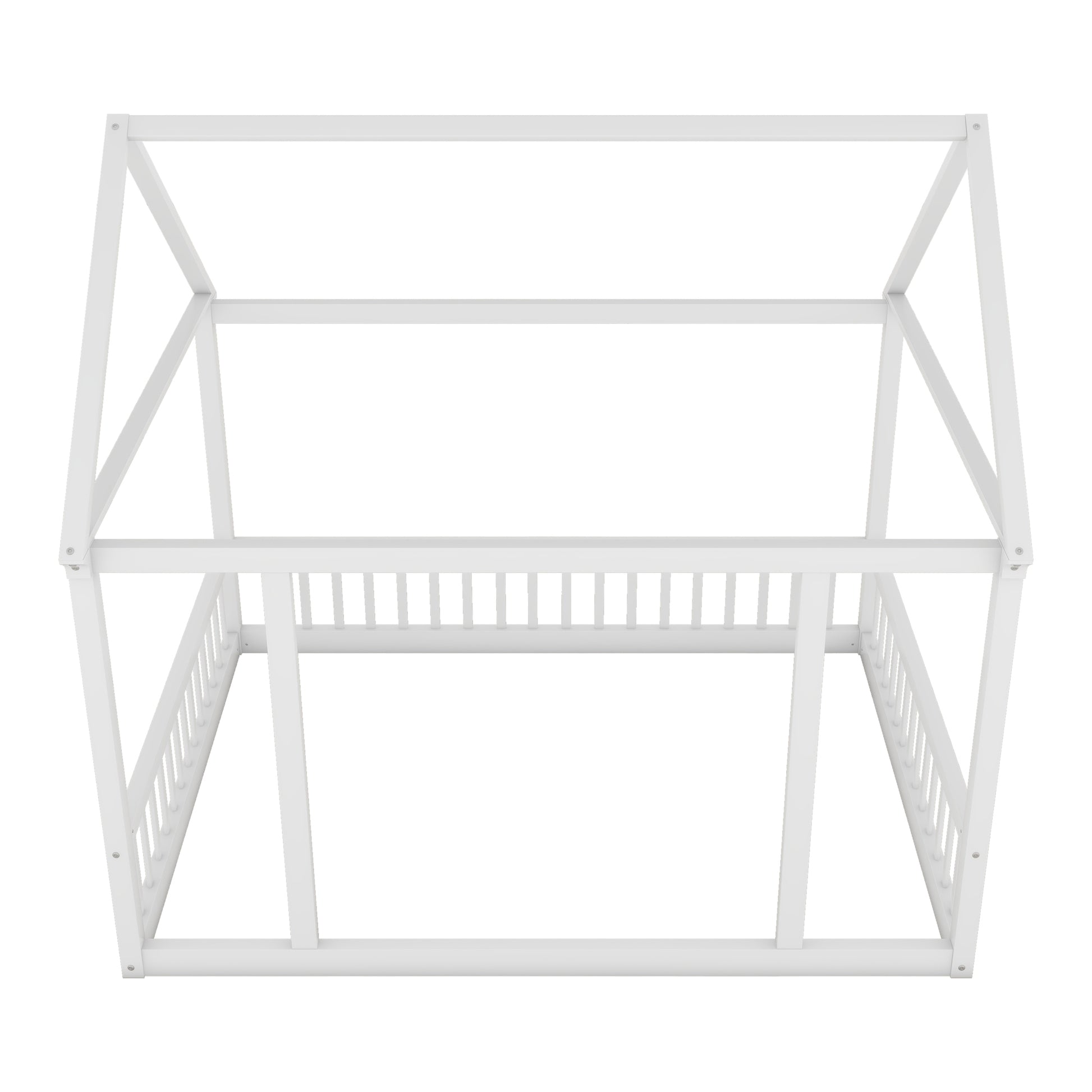 Full Size Floor Wooden Bed With House Roof Frame And Safety Guardrails ,White Full White Pine
