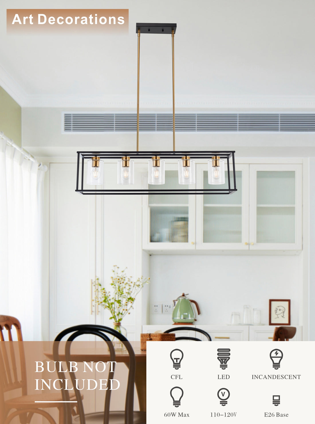 5 Lights Industrial Farmhouse Style Hanging Decorative Rectangle Pendant Lights, Black Antique Brass With Clear Glass Shade, Dining Room Kitchen Island Chandelier Antique Brass,Matte Black Ceiling